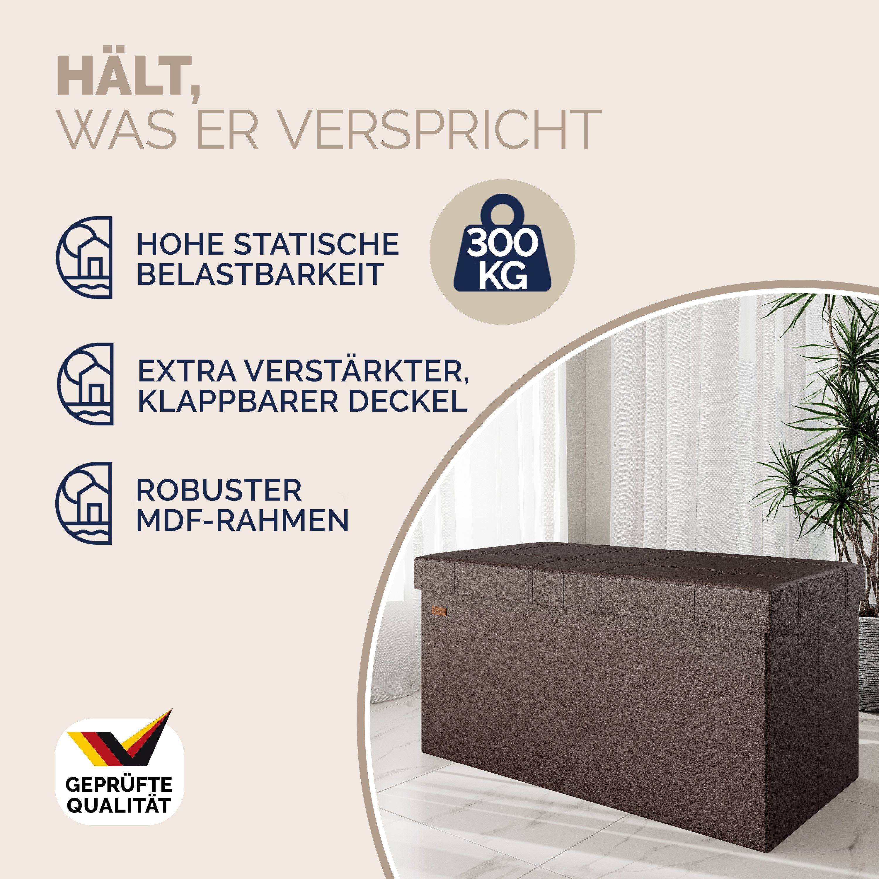 Casaria Sitzbank (1-St), Deckel Klappbar Gepolstert Faltbar Kunstleder 100L Flur Schlafzimmer