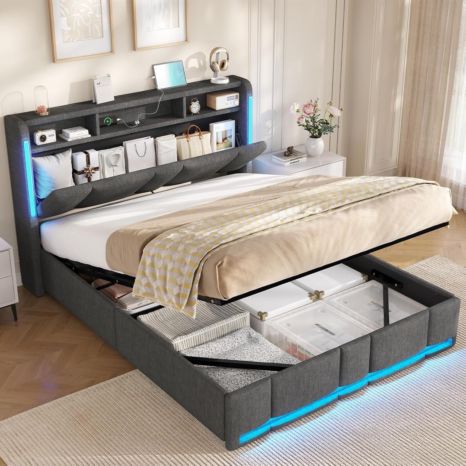 MSMASK Polsterbett Hydraulischem Stauraumbett mit LED Beleuchtung & Steckdosen (1-tlg., Ohne Matratze), Reichlich Lagerplatz unter dem Bett & am Kopfteil, 140x2 – Bild 3 von 5