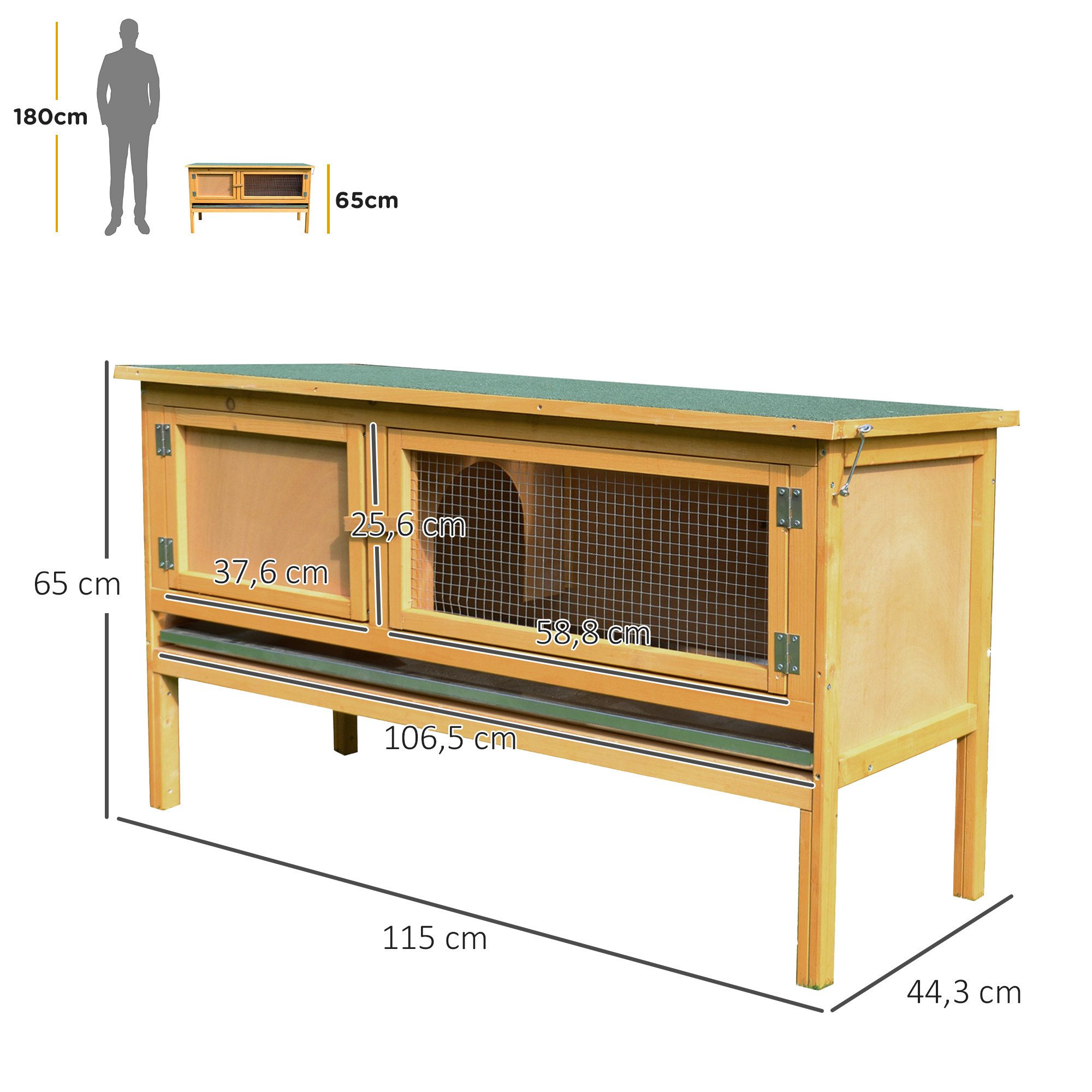 PawHut Kleintierstall Hasenstall Kaninchenstall mit aufklappbarem Dach, 2 Türen, für Kaninchen, Hühner, Enten Outdoor Hellgelb