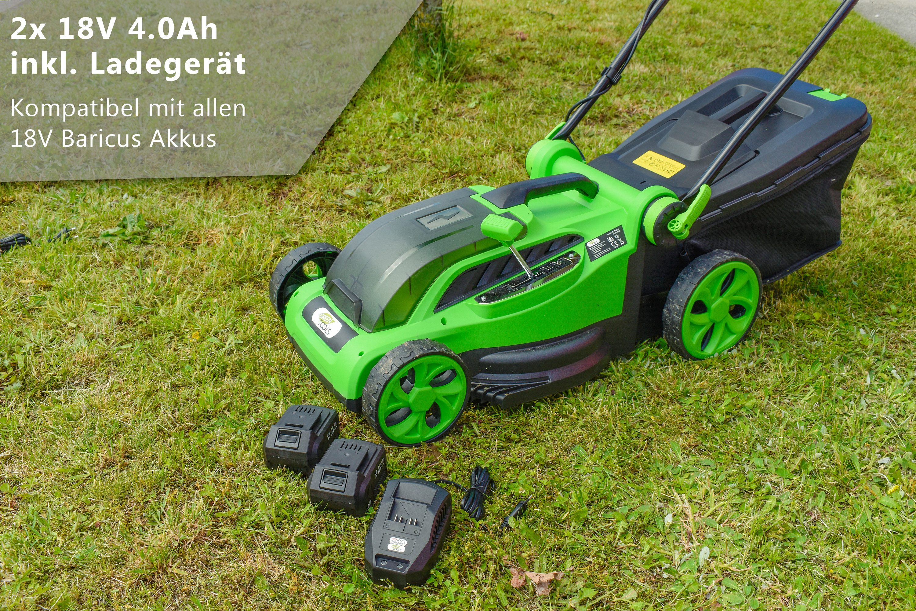 Green Tools Akkurasenmäher 36V mit optionaler Mulchfunktion - Schnittbreite 38cm - 36L Fangsack, 38 cm Schnittbreite, 38cm Schnittbreite, Höhen