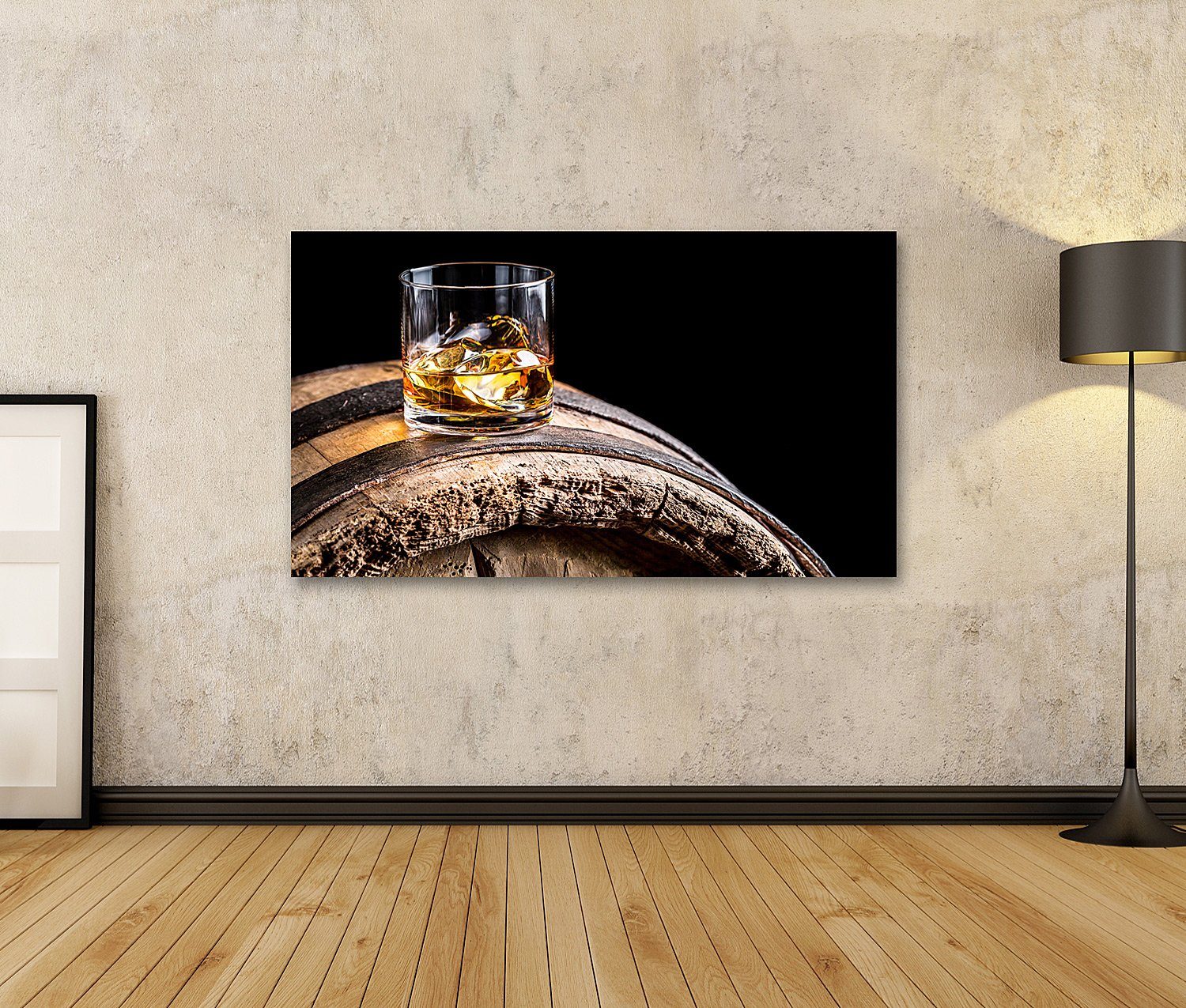 islandburner Leinwandbild Bild auf Leinwand Glas Whisky Mit Eis Auf Alten Holzfass Wandbild Lei