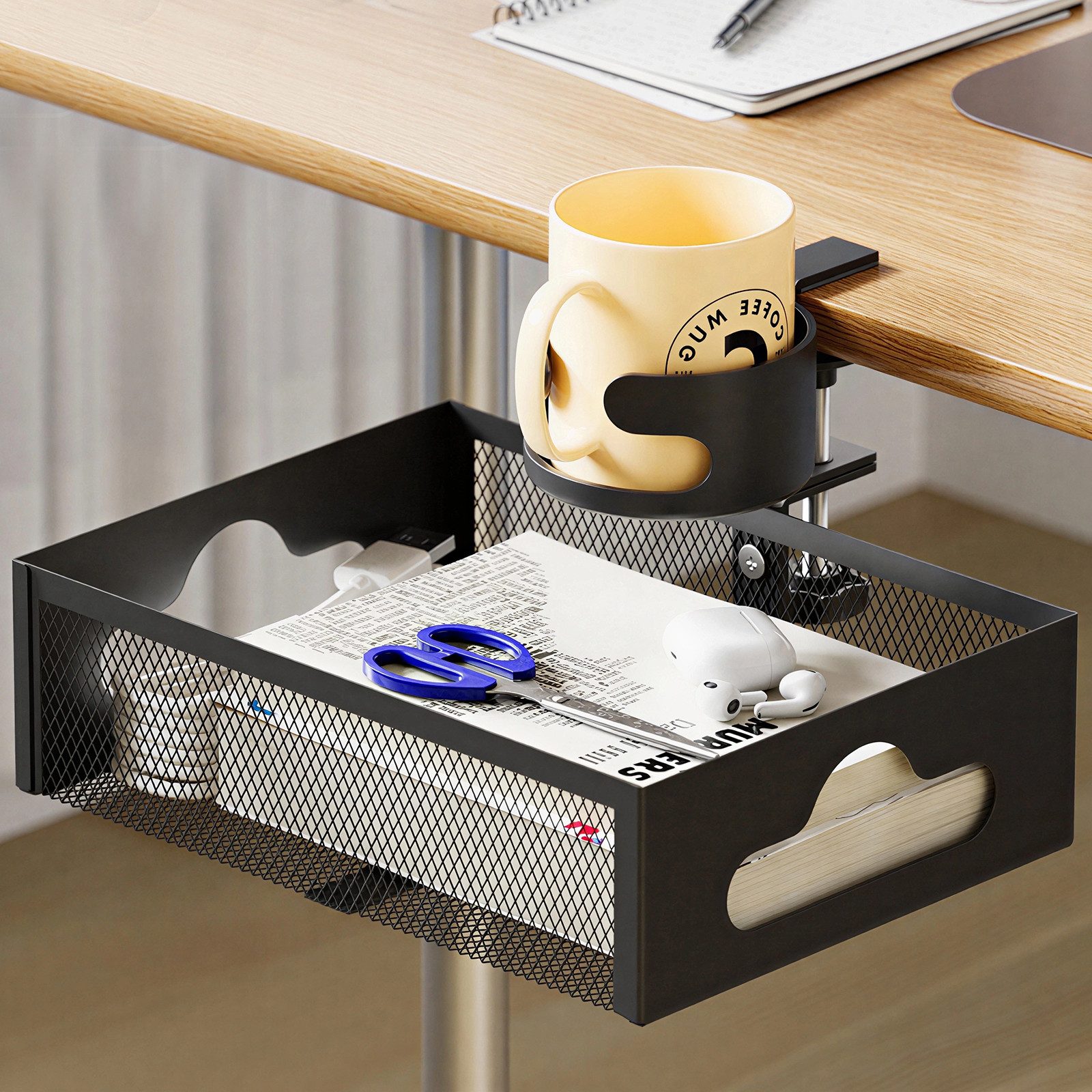 BlingBin Schreibtisch-Organizer Untertisch-Organizer mit Getränkehalter, 360° drehbar, ohne Bohren (Schreibtisch Ablage, 1 St., Schreibtisch Aufbewahrung, Homeoffice Organizer), Untertisch Ablage, Metall Organizer, 360° drehbar, Klemme 1–5 cm