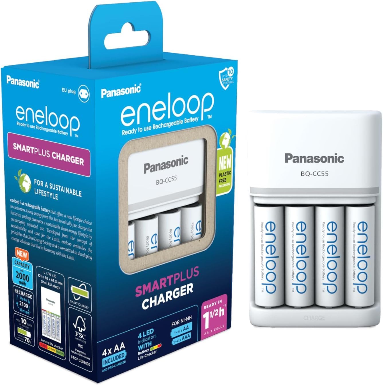 eneloop Set mit AAA Akkus 800 mAh – wiederaufladbare Batterien, vorgeladen Batterie-Ladegerät (Set)