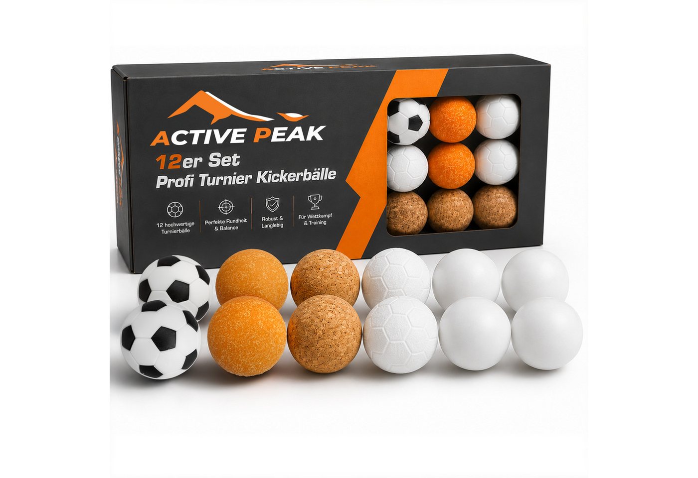 Active Peak Kickertisch 12er Set Profi Turnier Kickerbälle 35 & 36 mm (12-tlg., Enthält leise Korkbälle, Grip-Bälle & klassisches Fußball-Design), Professionelles Tischkicker-Zubehör für Profis, Vereine & Kinder
