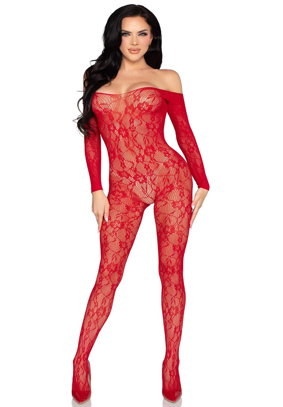 Leg Avenue Bodystocking Schulterfreier Bodystocking mit floralem Muster - rot (1 St) transparenter Stoff mit Blumenmuster