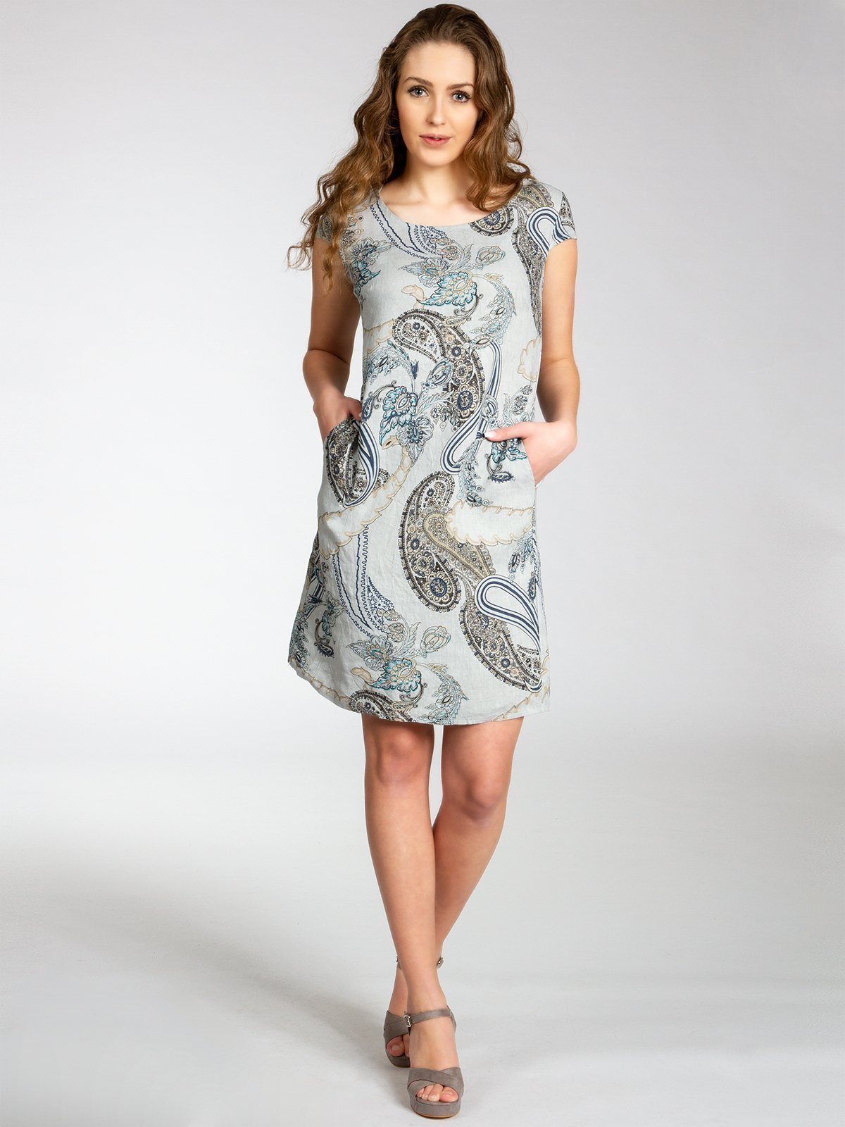Caspar Sommerkleid SKL022 Damen Sommer Leinenkleid mit Paisley Print bis Größe 50 Luftig leicht, figurumspielende Form, mit seitlichem Jersey-Einsatz