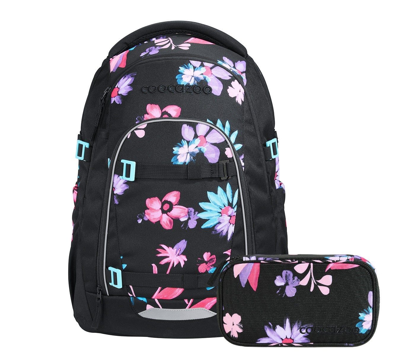 coocazoo Schulranzen Schulrucksack-Set MATE Floral Artnight 2-teilig (2-teilig), ergonomisch, Körpergröße: 135 - 180 cm, Easy-Grow-System