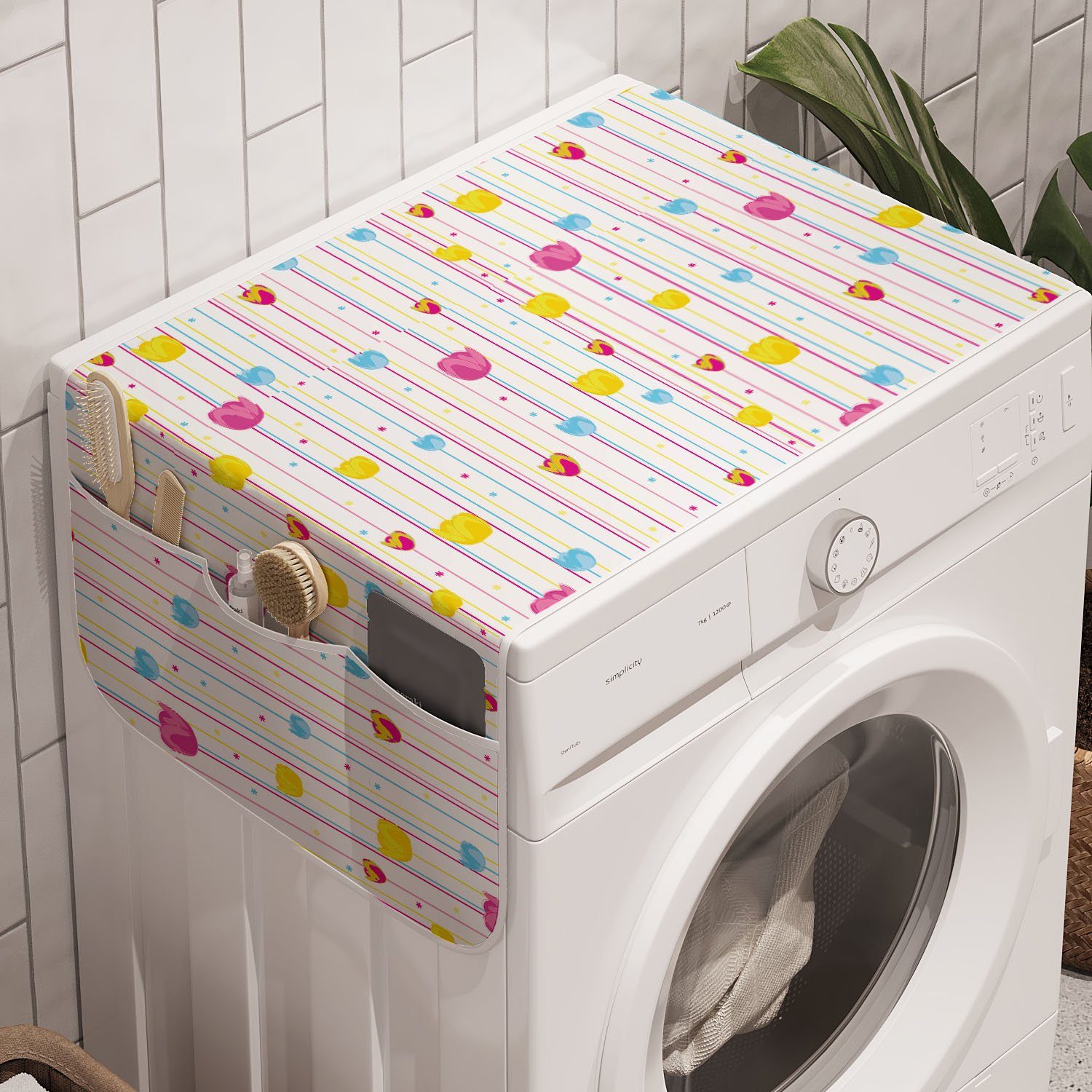 Abakuhaus Badorganizer Anti-Rutsch-Stoffabdeckung für Waschmaschine und Trockner, Gelb und Blau Stripes Tulpen