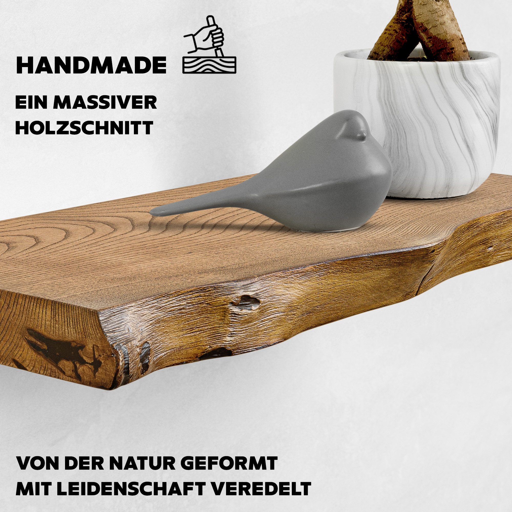 tømmermann Wandregal Schweberegal Holzregal mit Baumkante - Hängeregal aus Massivholz, Komplett-Set