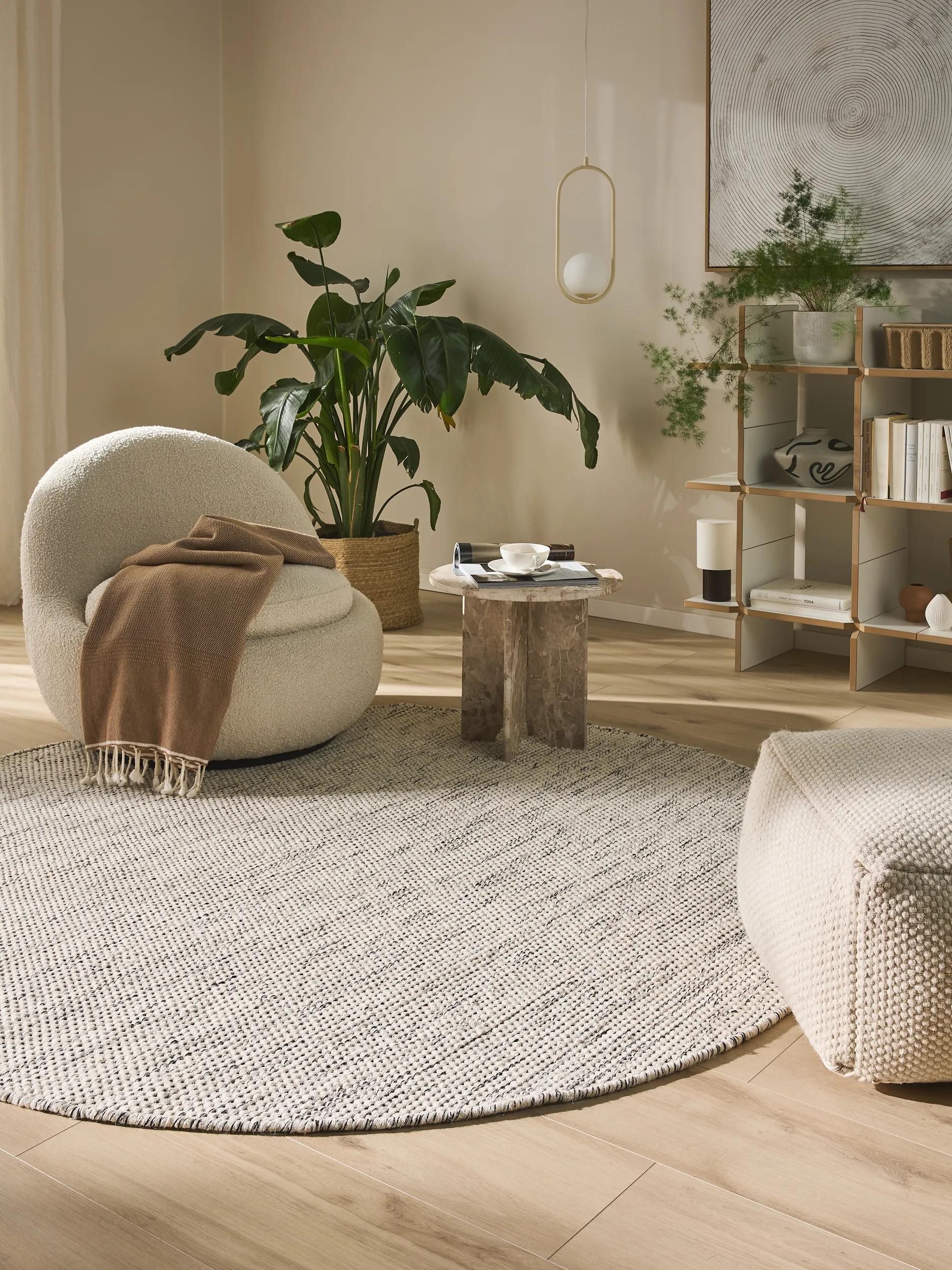 benuta Wollteppich Rocco, rund, Höhe: 5 mm, Wolle, handgewebt, Uni, Natural günstig online kaufen