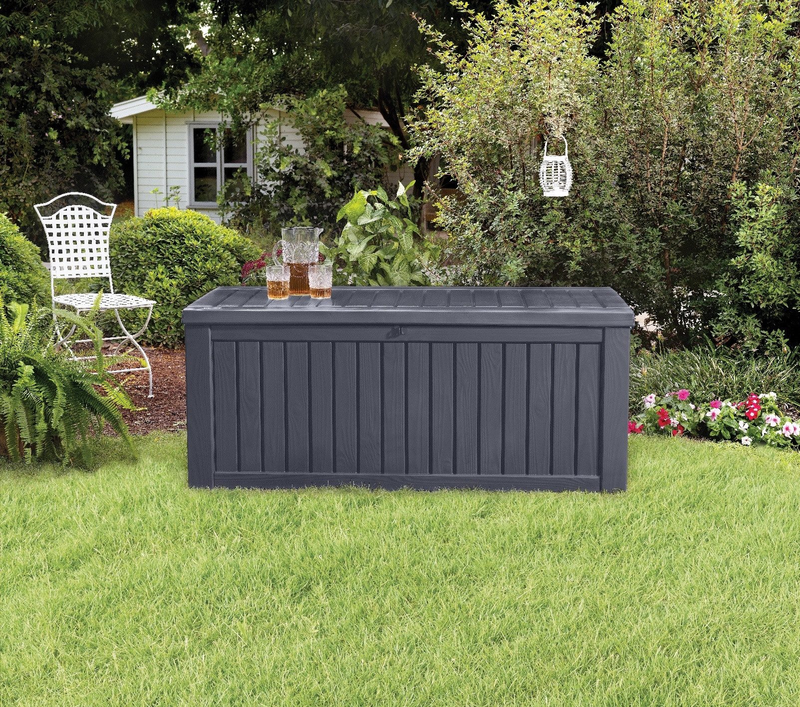 Keter Gartenbox Rockwood 570L Anthrazit naturgetreue Holzoptik Aufbewahrungsbox Truhe, abschließbar