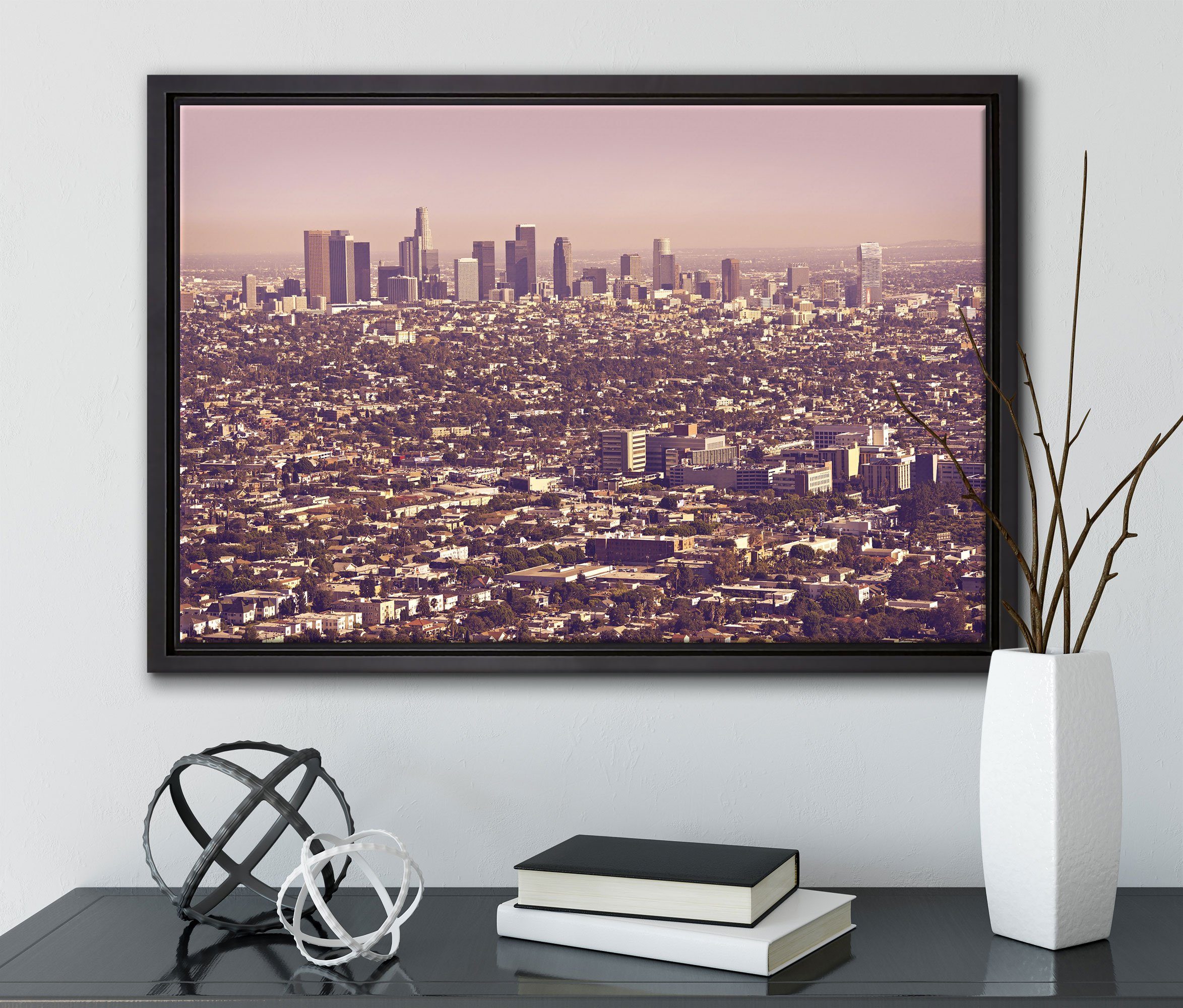 Pixxprint Leinwandbild Skyline von gefasst, Schattenfugen-Bilderrahmen bespannt, fertig (1 Wanddekoration Angeles, Los inkl. Leinwandbild in einem St), Zackenaufhänger