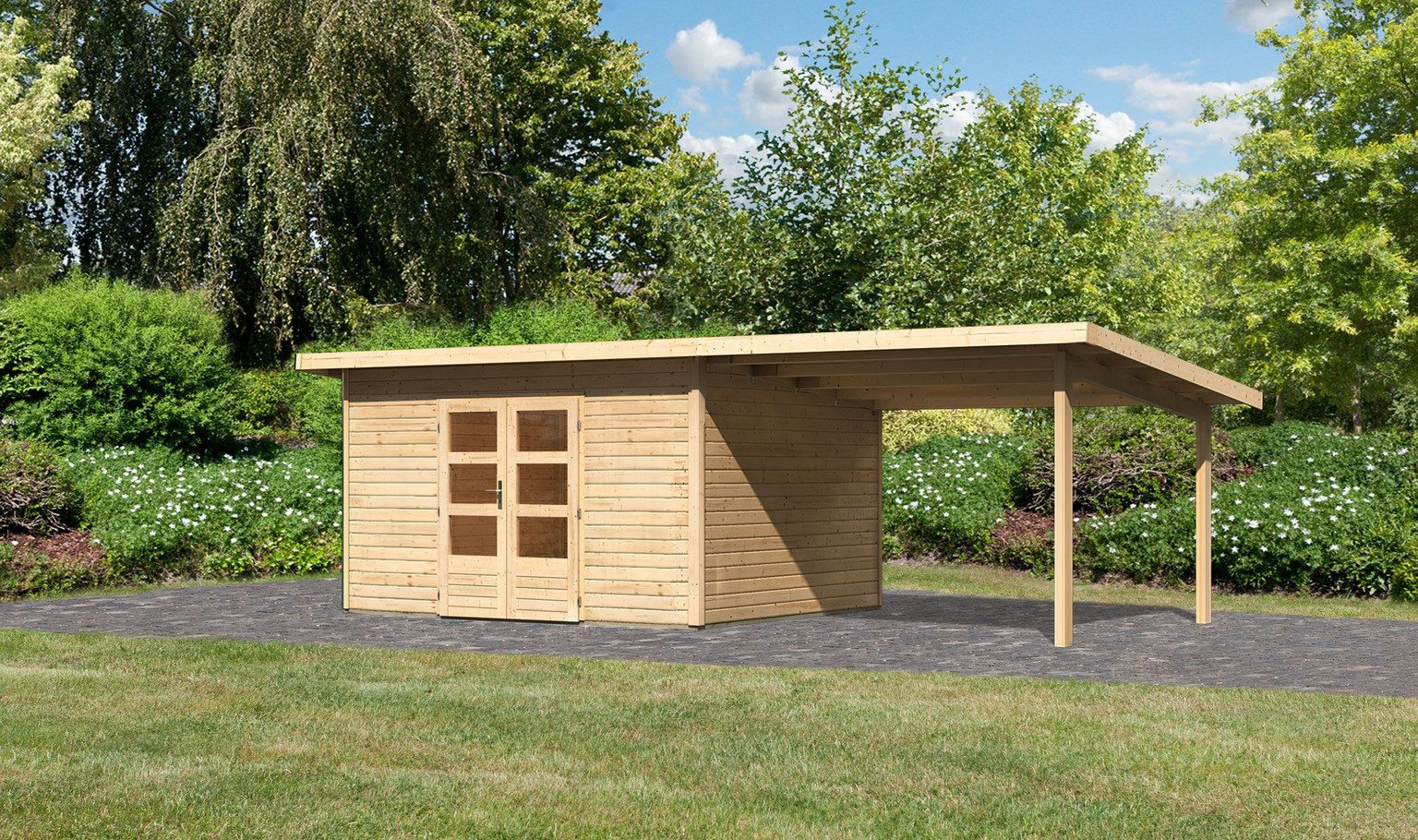 Karibu Gartenhaus Karibu Gartenhaus Northeim, 38 mm, 724 x 332 cm, Typ 4, natur, inkl. 3,3 m Anbaudach
