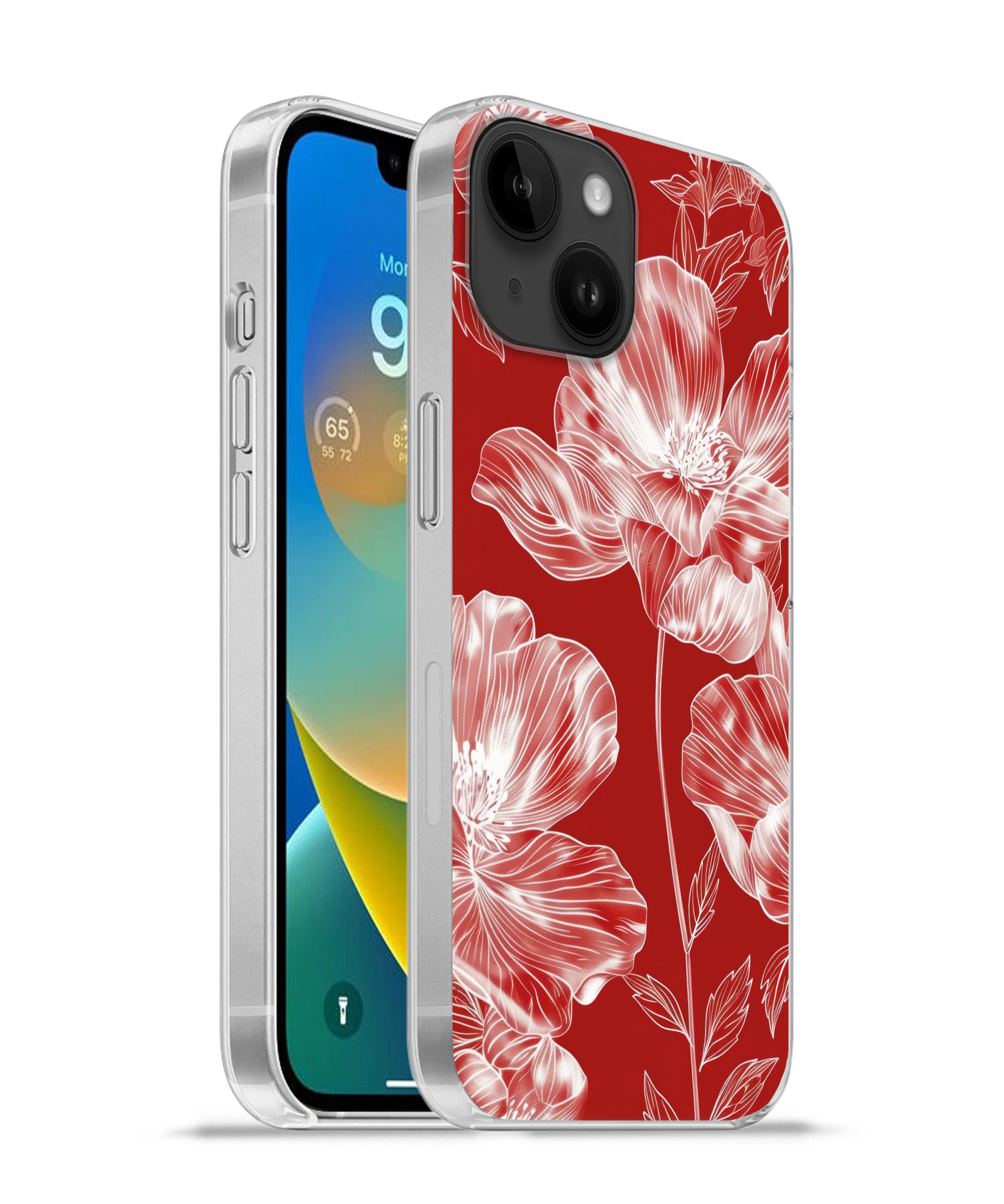MuchoWow Handyhülle für Apple iPhone 14 Blumen - Muster - Rot - Weiß, Smartphone-Bumper, Print, Handy Schutzhülle Dünn