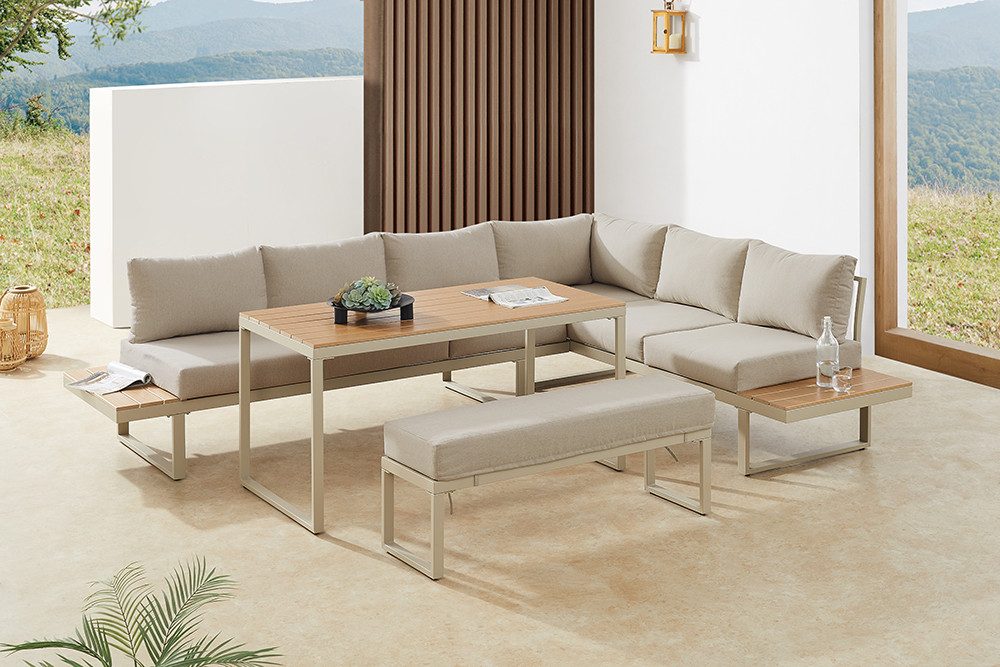 riess-ambiente Sitzgruppe IBIZA GRAND 280cm greige - Aluminium, mit Sitzpolstern, wetterfest, (Set, 3-tlg., Sitzecke, Bank, Tisch, 7x Sitzkissen, 7x Rückenkissen), Outdoorlounge inkl Kissen & Tisch - ideal f. Terrasse, Balkon & Garten