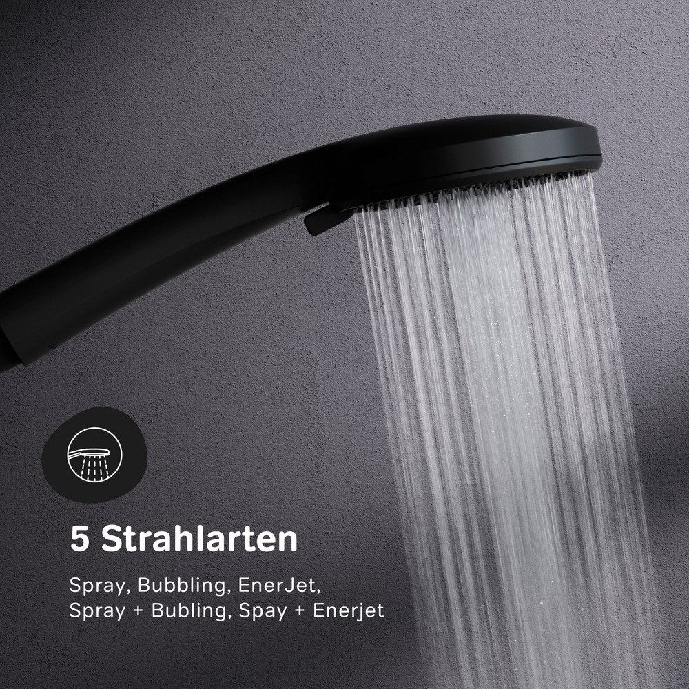 AM.PM Duschsystem PLAY mit Thermostat Ø 30 cm Regendusche & Handbrause Duscharmatur, Höhe 146 cm, 5 Strahlart(en), Brause Dusch-Komplettset, höhenverstellbare Duschsäule 103-146 cm, Dusche Brauseset mit 175 cm Duschschlauch Schwarz, Duschset Kopfbrause & Handdusche mit Antikalk-Duschkopf