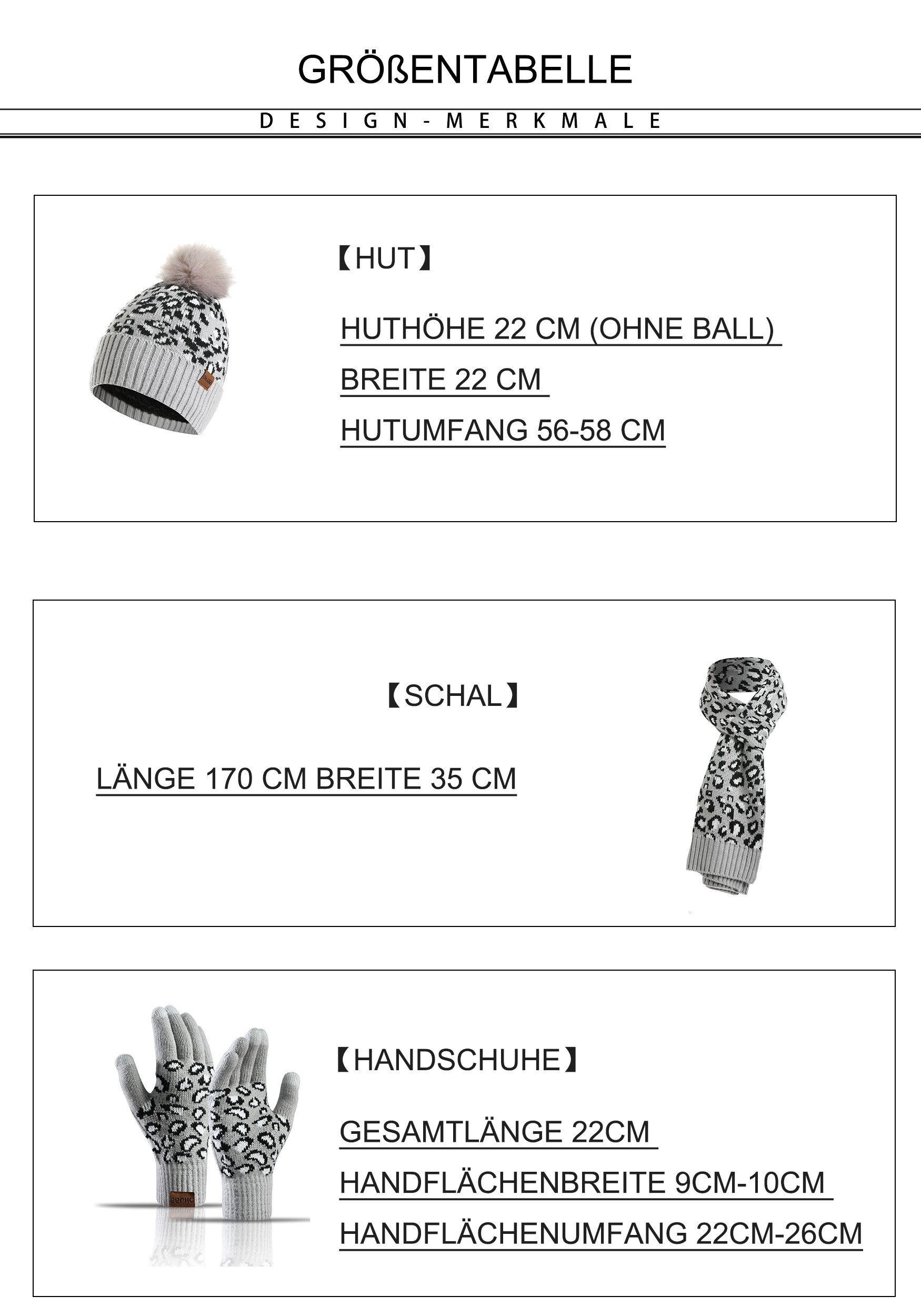 MAGICSHE Mütze & Schal Schal Set Leopardenmuster Grau Handschuhe