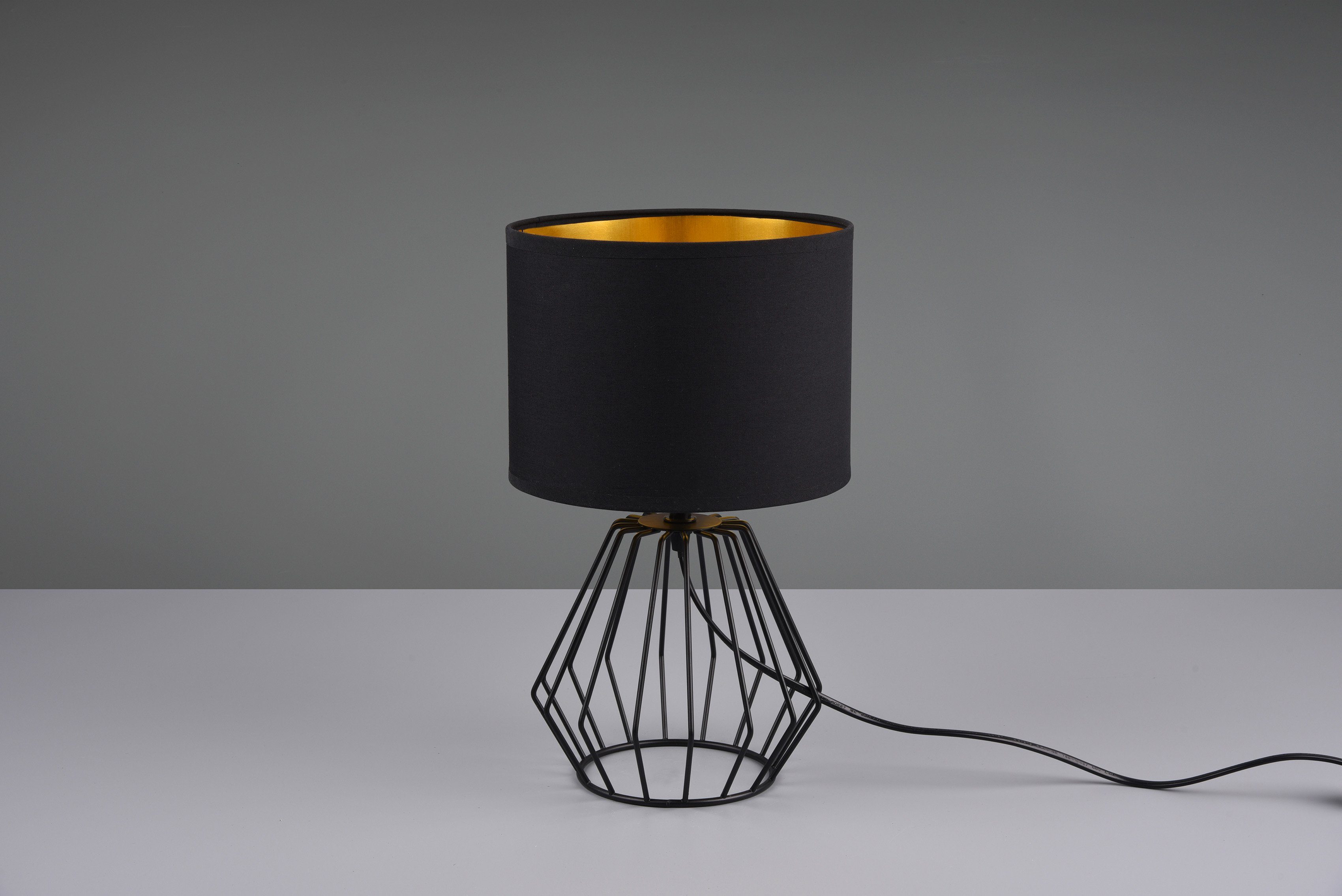 Reality Leuchten Schreibtischlampe Chuck, ohne Leuchtmittel, Leuchtmittel wechselbar, Warmweiß, Fuß in Gitter-Optik, Schirm schwarz-gold Kombi, Höhe 37cm / Ø 20cm