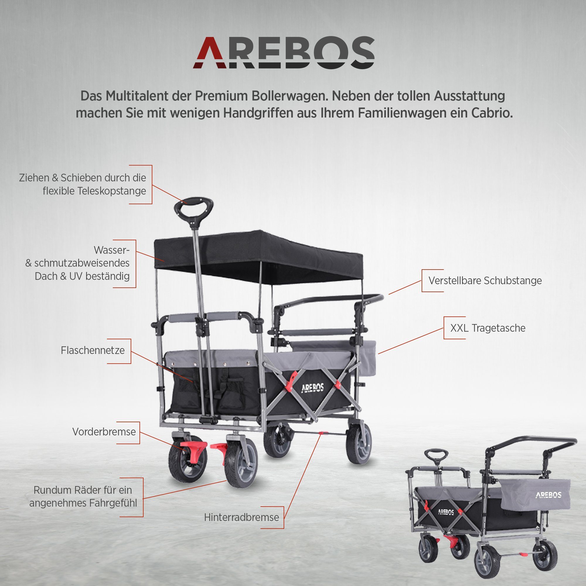 Arebos Bollerwagen mit Dach Premium, Handwagen Transportkarre 100 kg tragekraft, Vorder- und Hinter-Bremse