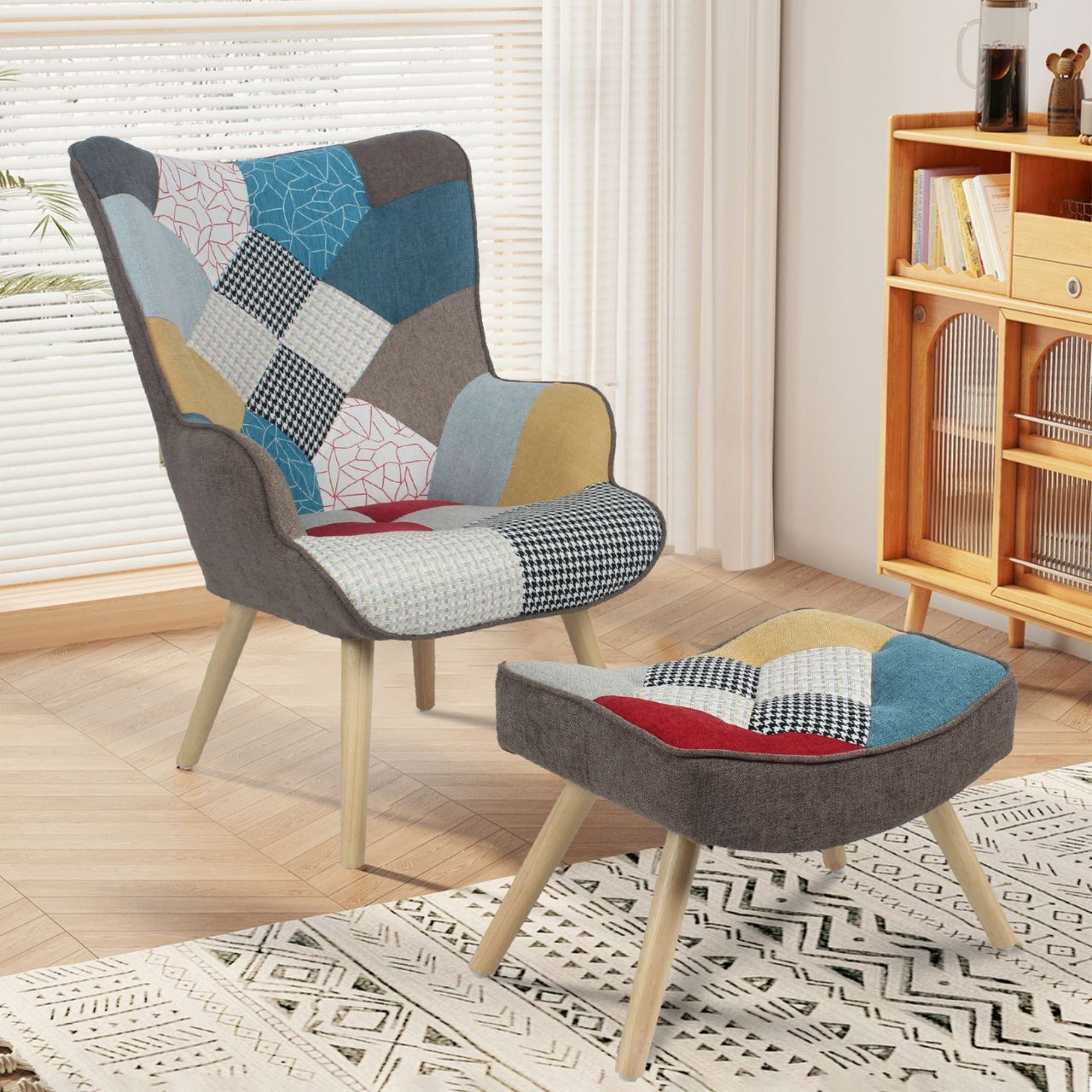 Happy Home Relaxsessel Relaxsessel mit Hocker, Patchwork Stoffbezug für Wohnzimmer & Leseecke