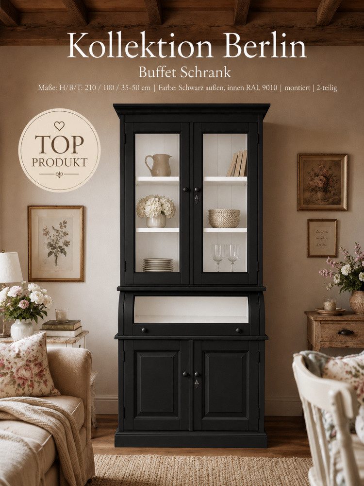 Wohnpalast Buffet Buffet Schrank Berlin 100 cm schwarz/ weiß Landhaus- Stil