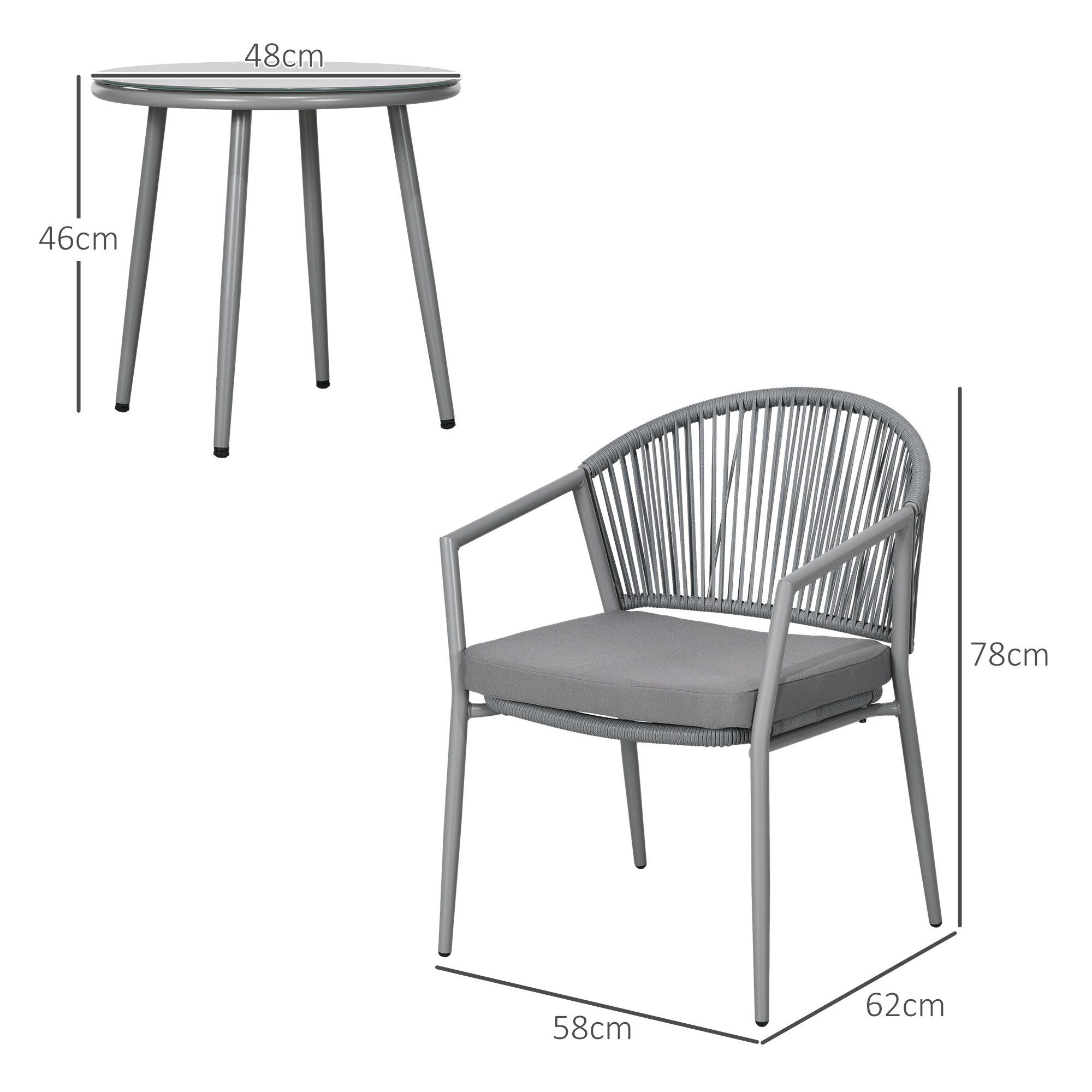 Outsunny Sitzgruppe Rattan Bistroset mit 2 Gartensesseln und Couchtisch, (Sitzgarnitur, 3-tlg., Balkonmöbel-Set), für Garten, Terrasse, Stahl, Grau – Bild 3 von 5