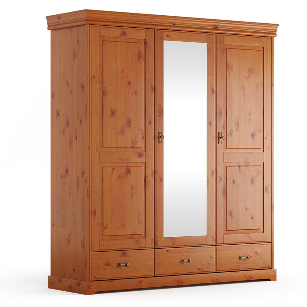 Lomadox Kleiderschrank TERMOLI-163 Kiefer massiv, 193 cm, 3 Türen, 3 Schubladen mit Softclose