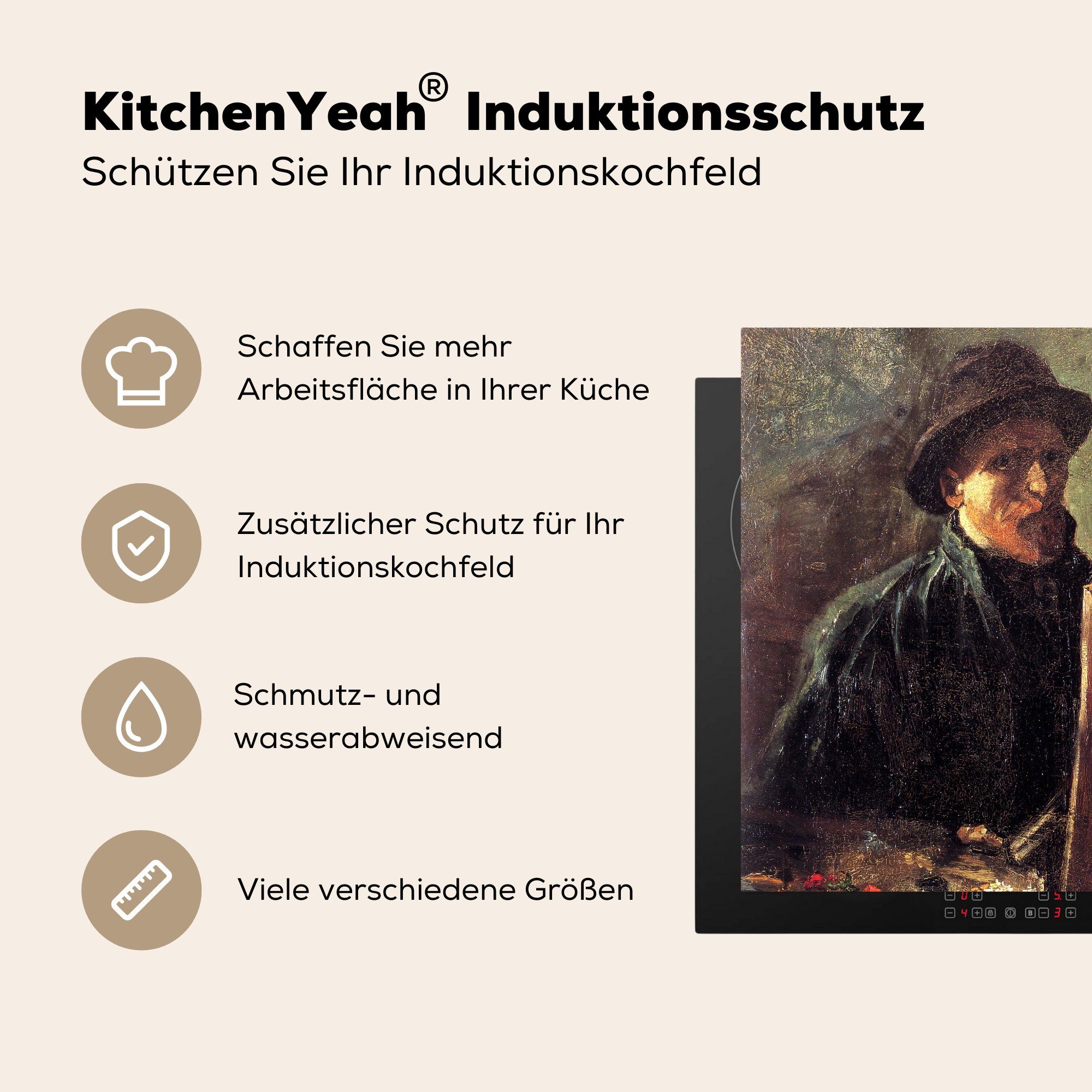 MuchoWow Herdblende-/Abdeckplatte Maler als Vincent van Gemälde Ceranfeldabdeckung, (1 für - Vinyl, Gogh, küche 78x78 Arbeitsplatte von cm, Selbstbildnis tlg)