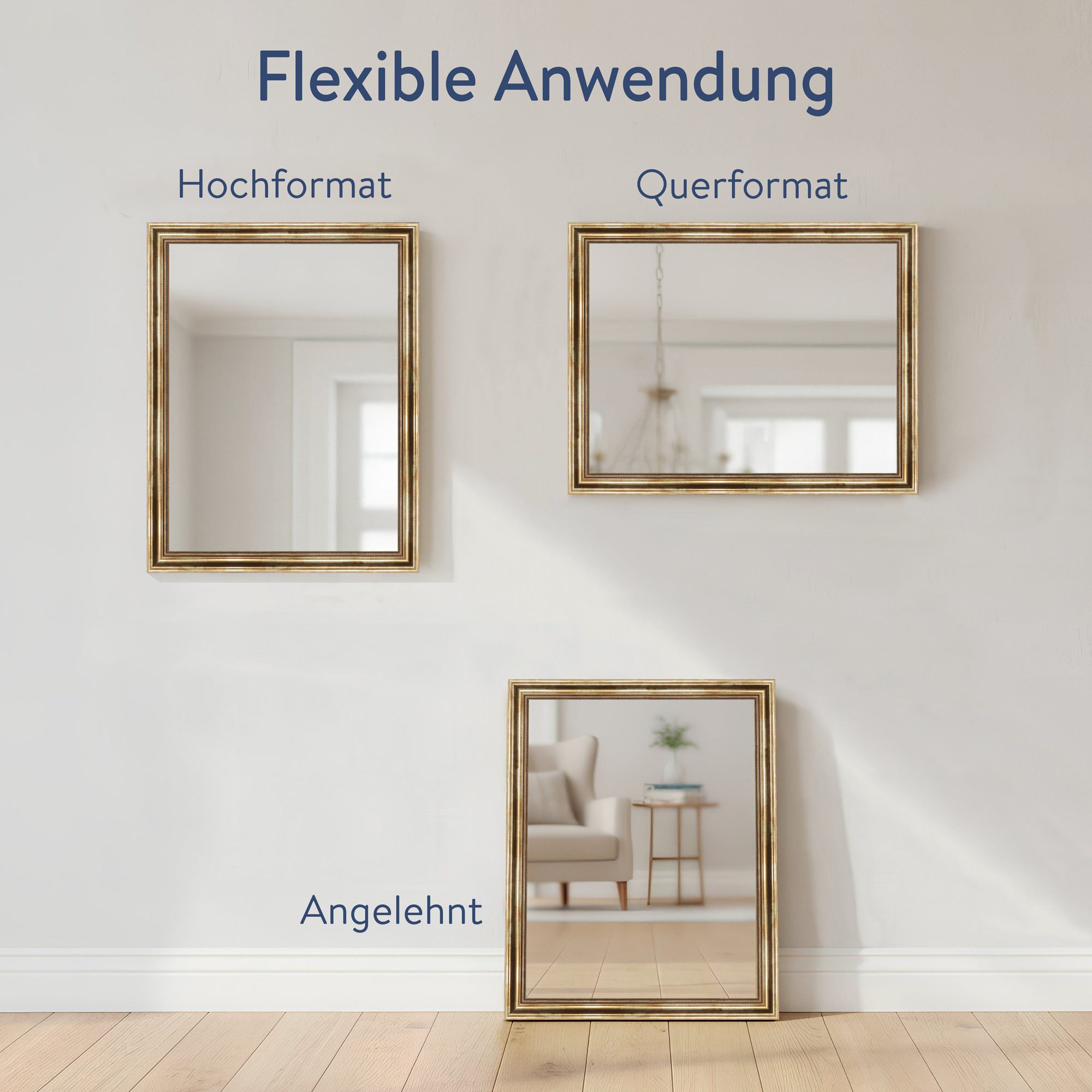 WANDStyle Wandspiegel H550, Vintage Spiegel Gold 50x60 cm, großer Wandspiegel Gold 50x60 Holz – Bild 4 von 5