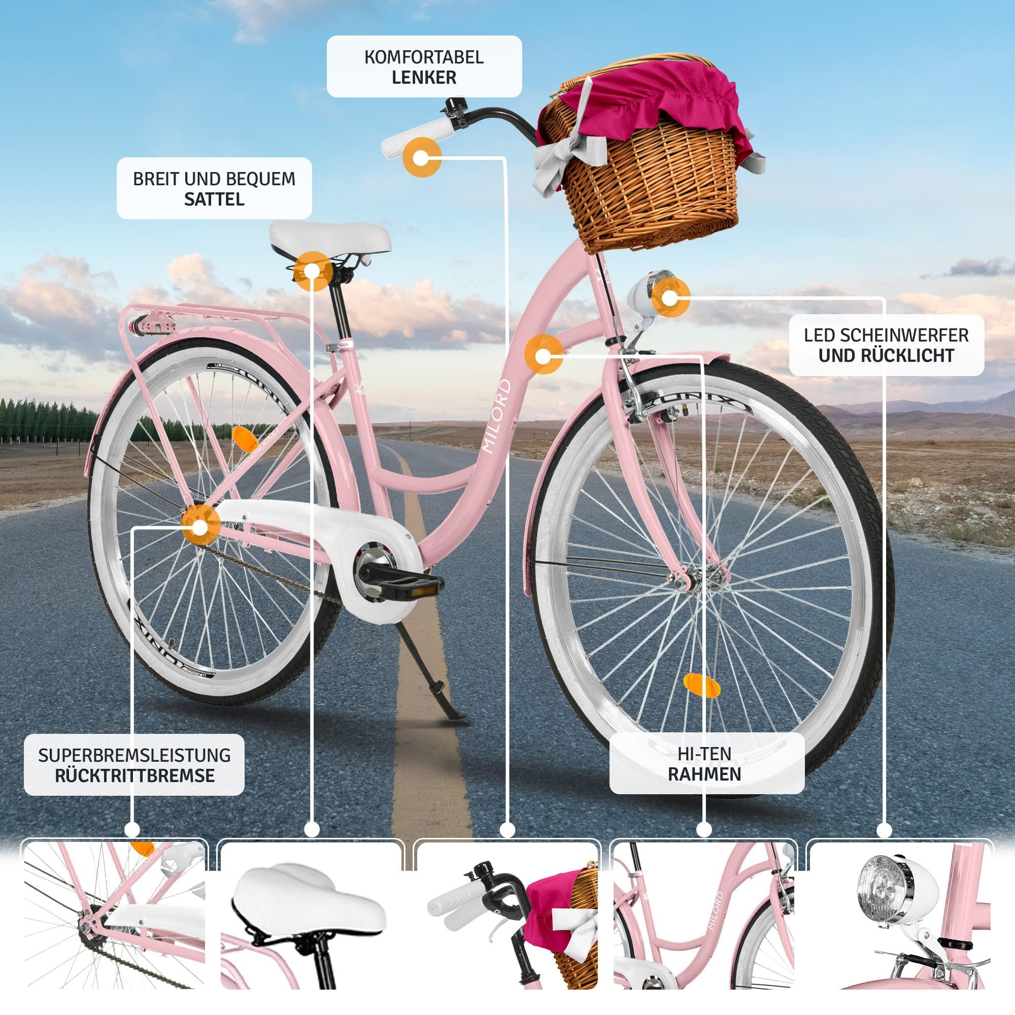Milord Cityrad Milord City Fahrrad Weidenkorb Damenfahrrad, 28/26 Zoll, Rosa, 1-Gang, 1 Gang, (Fahrradständer, Gepäckträger, Klingel, Korb, Kotflügel)