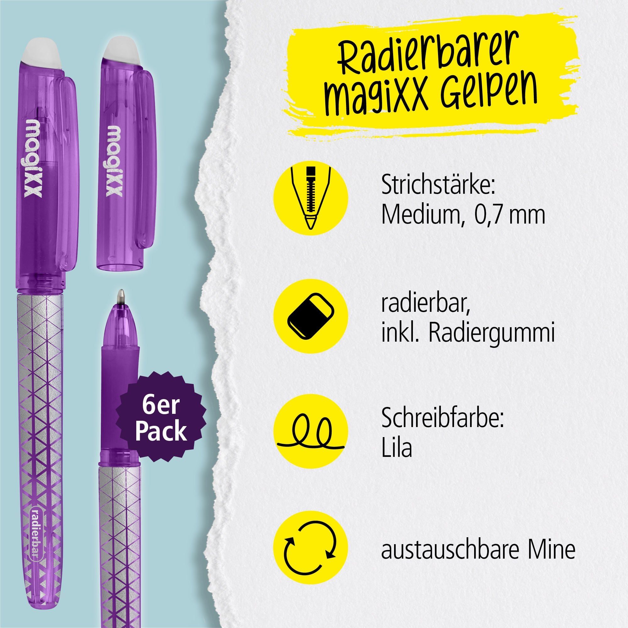 Online Pen Tintenroller magiXX Classic, (6x radierbare Gelschreiber lila, ergonomisches Griffstück), Gelpens für Schüler, Studenten, Büro