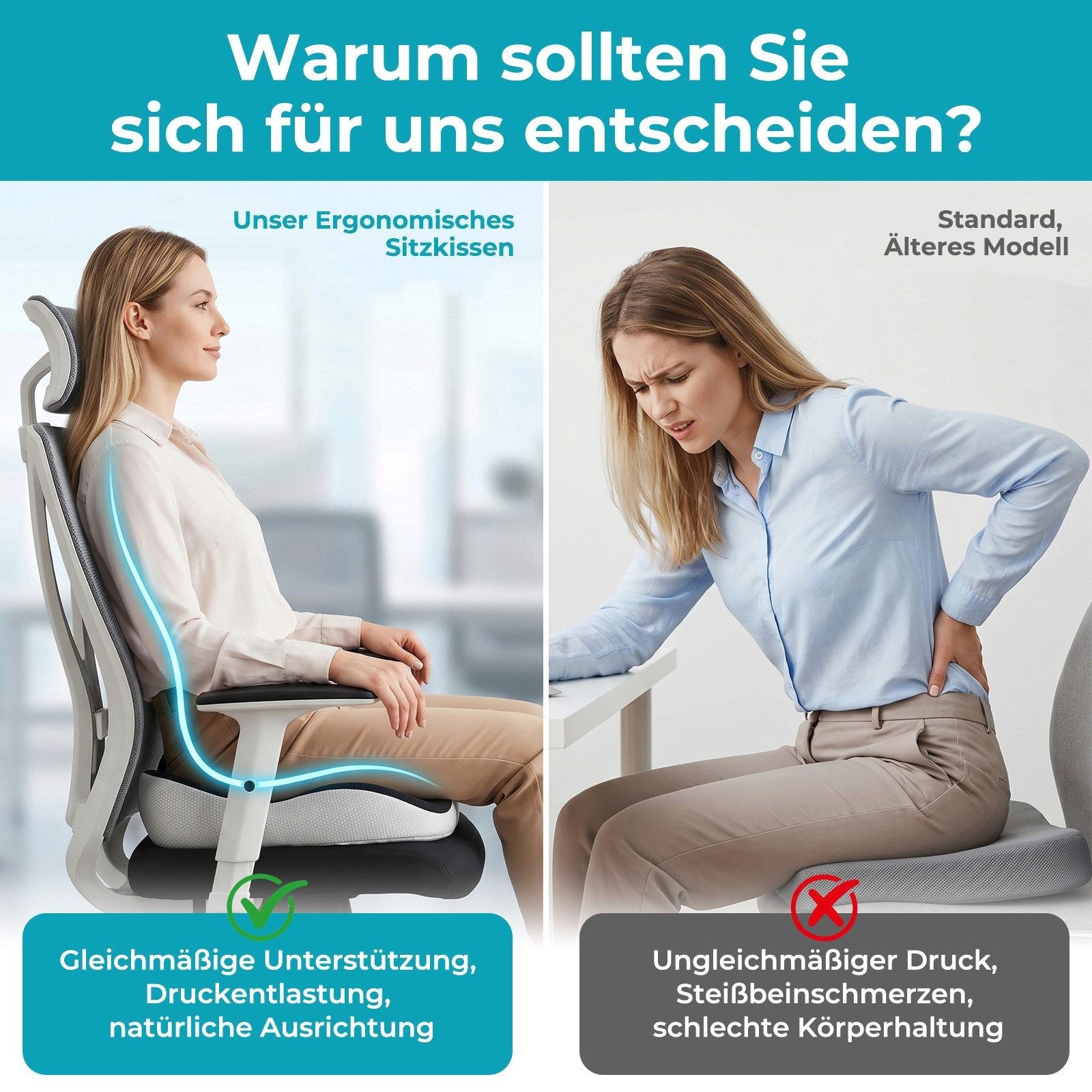 ibettertec Sitzkissen Ergonomisches Sitzkissen,Sitzkissen Orthopädisch,Rückenkissen,Schwarz, Sitzkissen, Sitzkeilkissen Entlastet, Erhöht Sitzkomfort – Bild 5 von 5