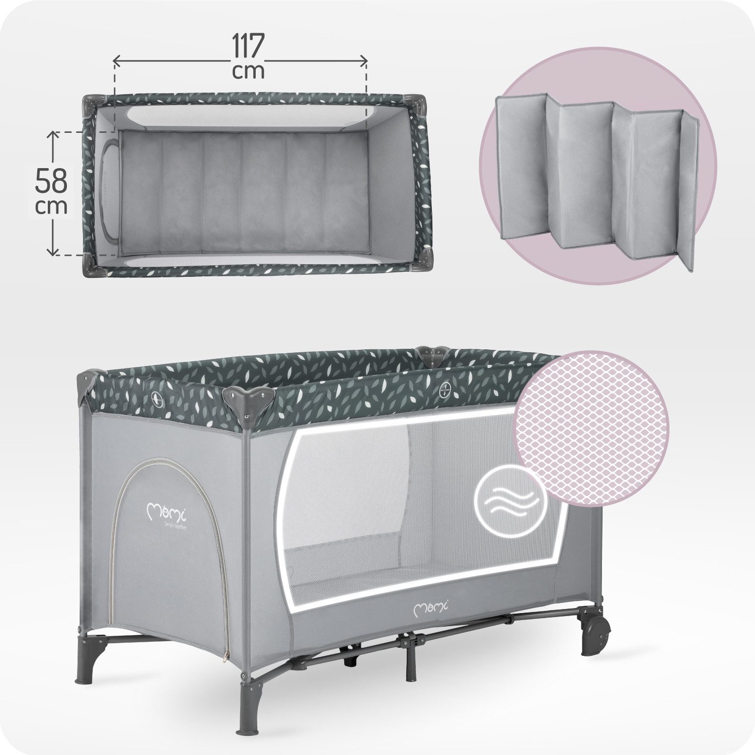 MoMi Baby-Reisebett Belove, 3-in-1 Reisebett mit Matratze & Rollen, faltbar