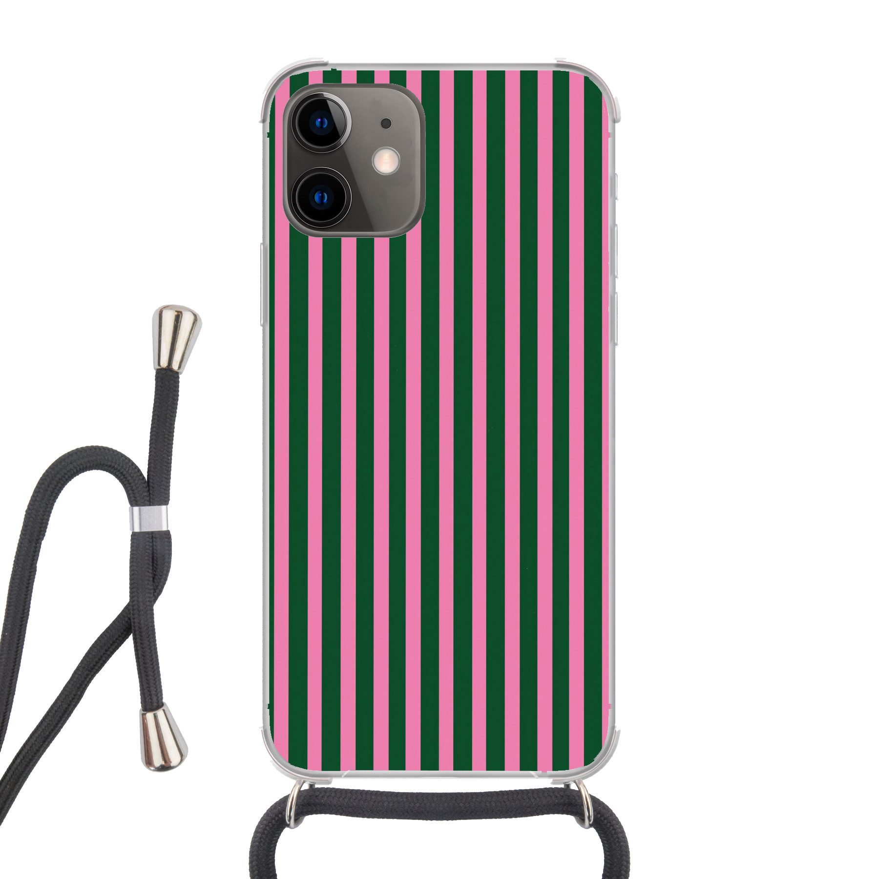MuchoWow Handyhülle für Apple iPhone 11 Vertikale Streifen - Grün - Rosa, Tragbare Handyhüllen mit Kette zum umhängen, Handykette Handyband
