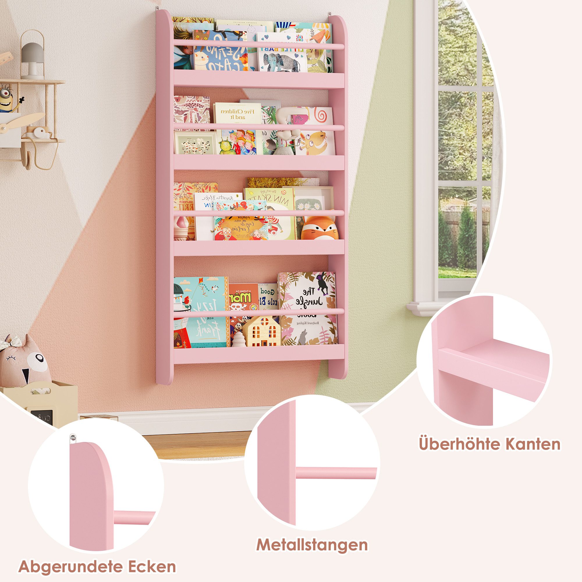 Homfa Kinderregal Kinderbücherregal Wandregal, Bücherregal mit 4 Ablagen aus Holz 112x58x12 cm – Bild 4 von 5
