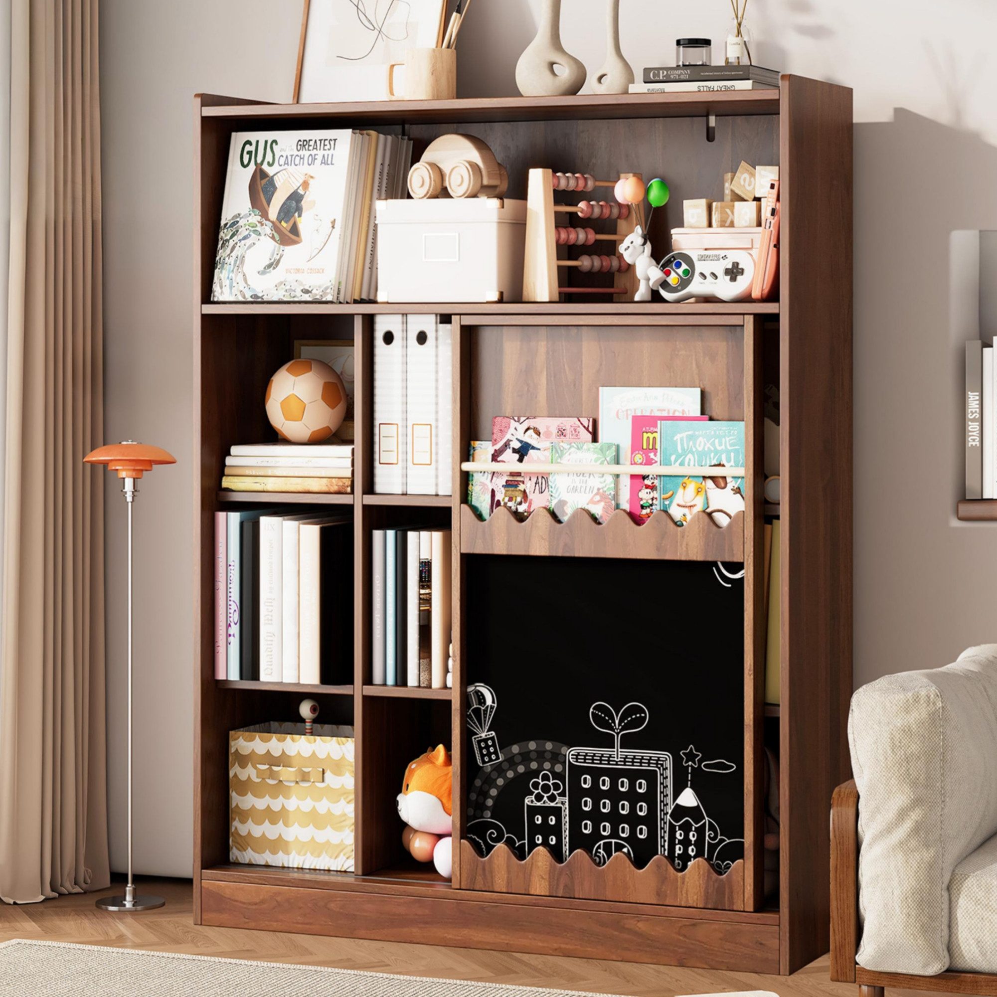 Flieks Bücherregal mit Tafel, Schiebetüren & Bilderbuchablage, 120x38,5x151,5 cm 1-tlg., Standregal mit 10 Fächern Würfelregal Hochschrank Holzoptik