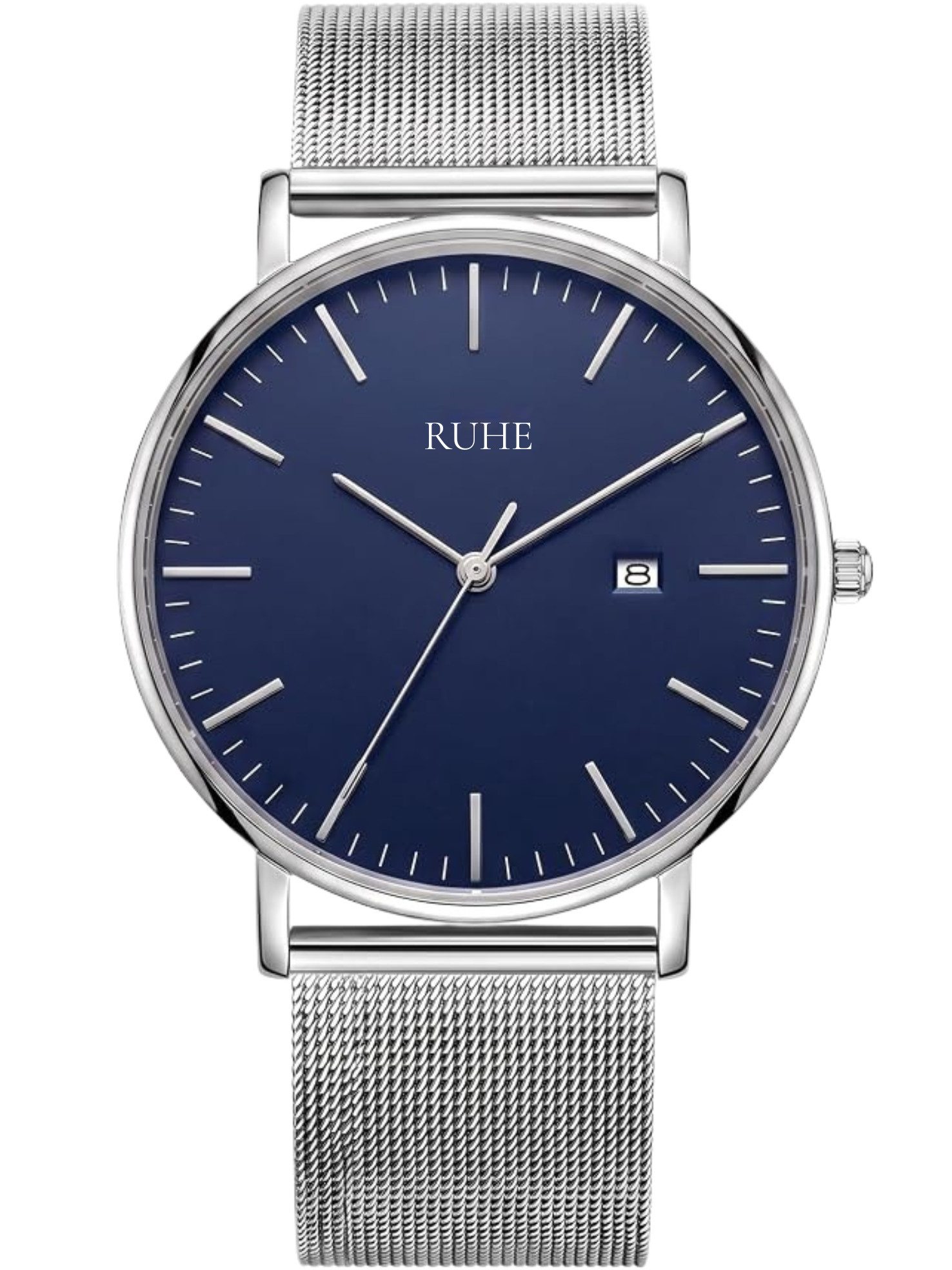 RUHE Quarzuhr Ultradünnes Mesh-Armband mit Edelstahlboden und Datumsanzeige RUHE Mesh, (Set, 1-tlg., Armbanduhr inklusive Geschenkbox), Ultradünn, Mesh-Armband, Datumsanzeige, Edelstahlboden, Geschenkbox