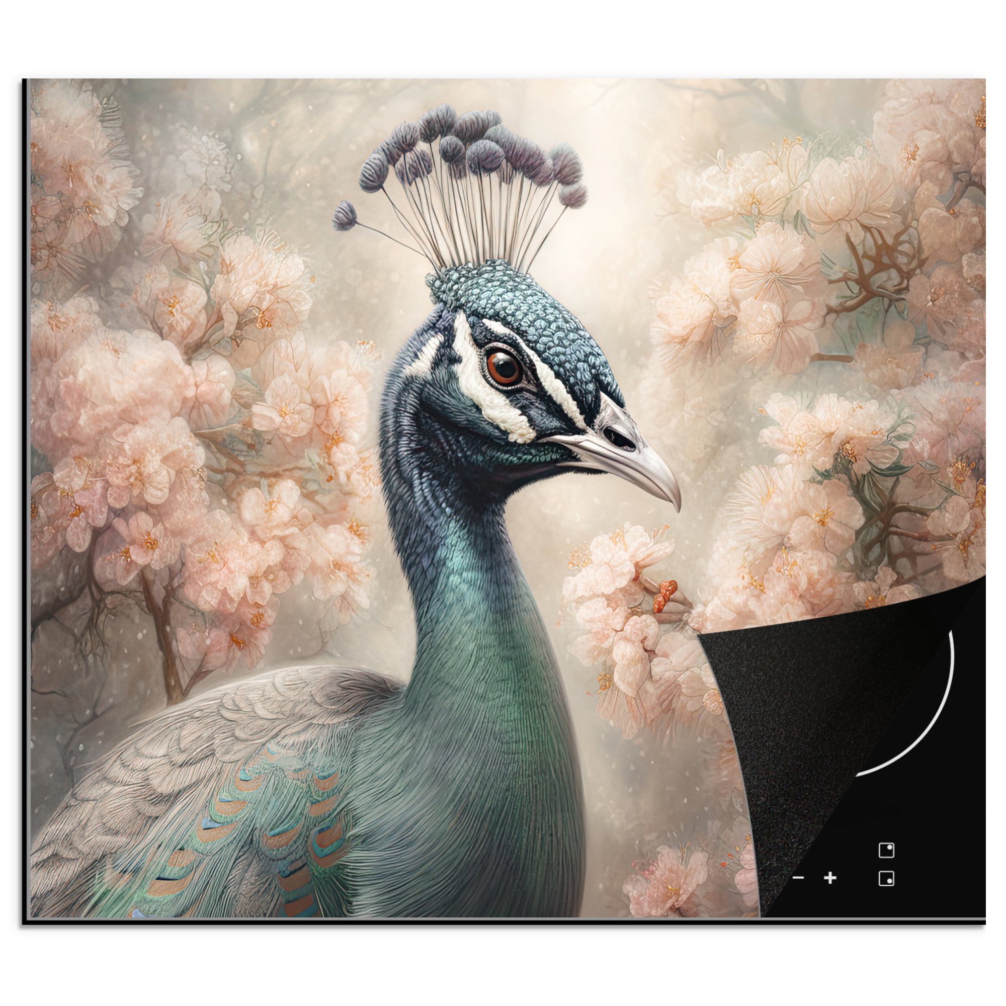 Vögel - Arbeitsfläche - - tlg), Botanisch, nutzbar, Blumen Vinyl, Baum Pfau 60x52 (1 cm, - MuchoWow Ceranfeldabdeckung Mobile Herdblende-/Abdeckplatte