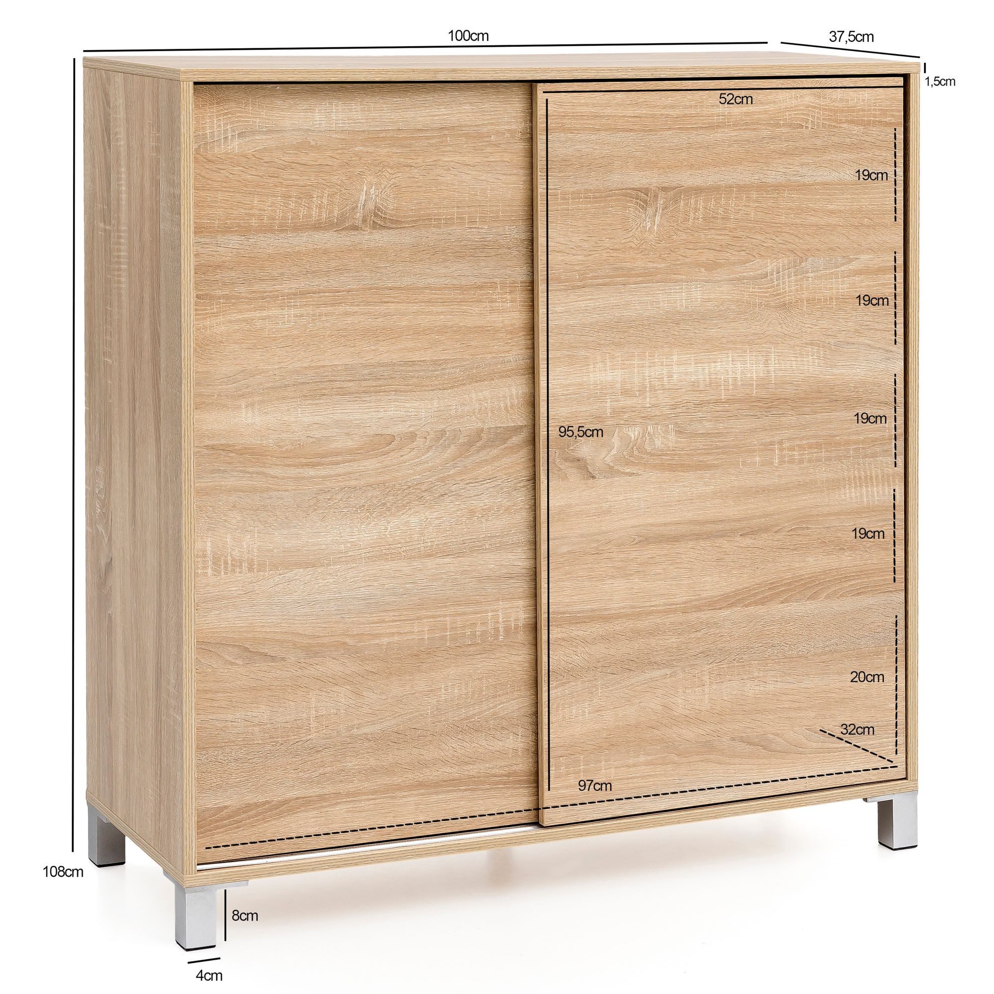FINEBUY Schuhschrank SuVa13525_1 100cm für 20 Paar Schuhe Schuhregal mit Schiebetüren (Schuhschrank Holz Sonoma 100x108x37,5 cm Hoch) Schuhregal Flur 20 Paar Schuhe, Schuhablage Modern