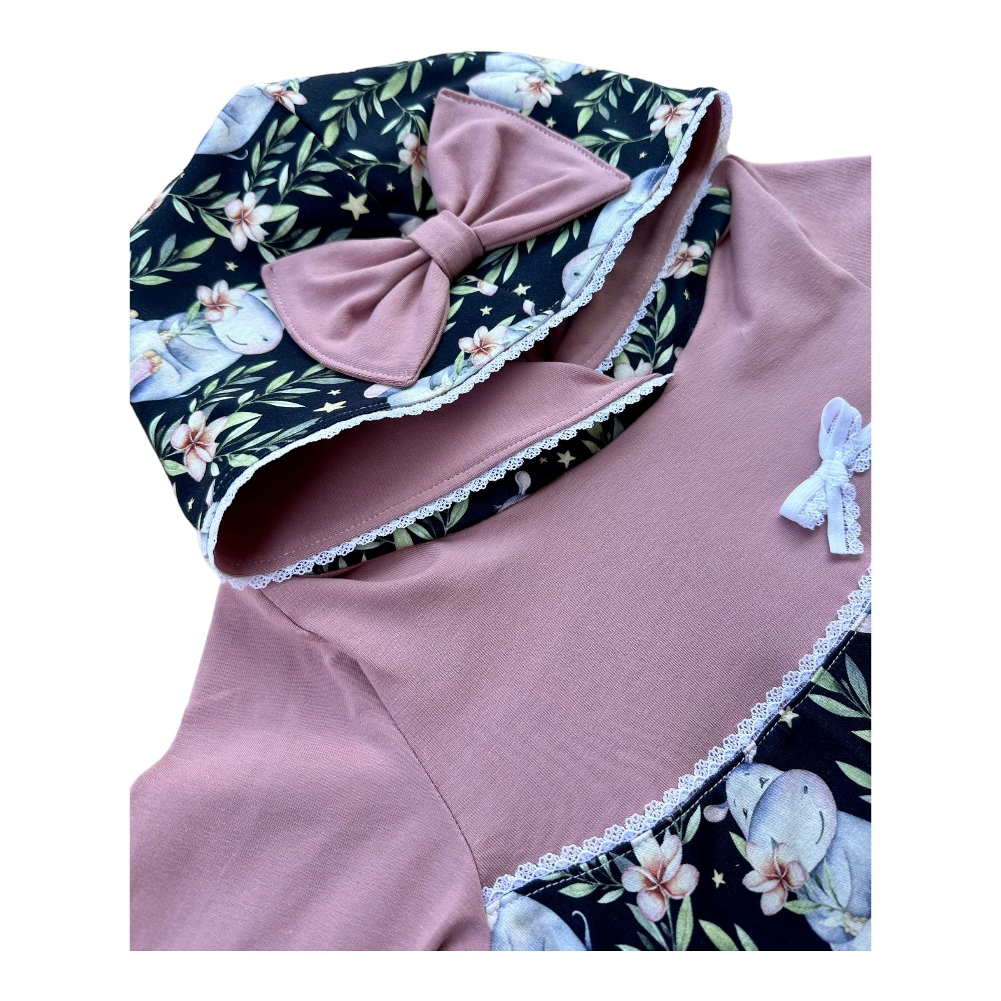Land-Juwelen Ballonkleid Ballonkleid Kapuzenkleid Mädchen Blumen Nilpferd Spitzenborte