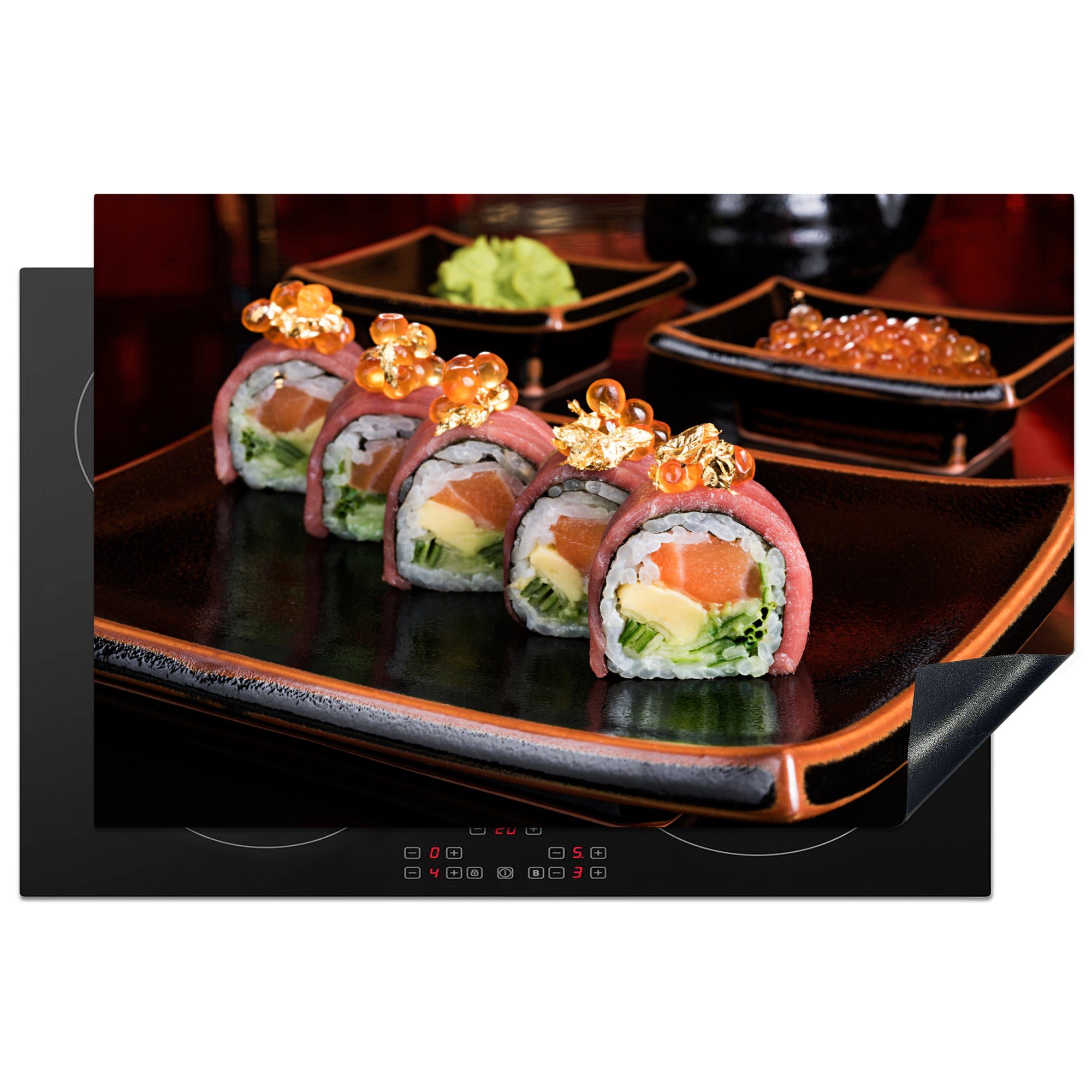 MuchoWow Herdblende-/Abdeckplatte Luxuriöses japanisches Sushi, Vinyl, (1 tlg), 81x52 cm, Induktionskochfeld Schutz für die küche, Ceranfeldabdeckung