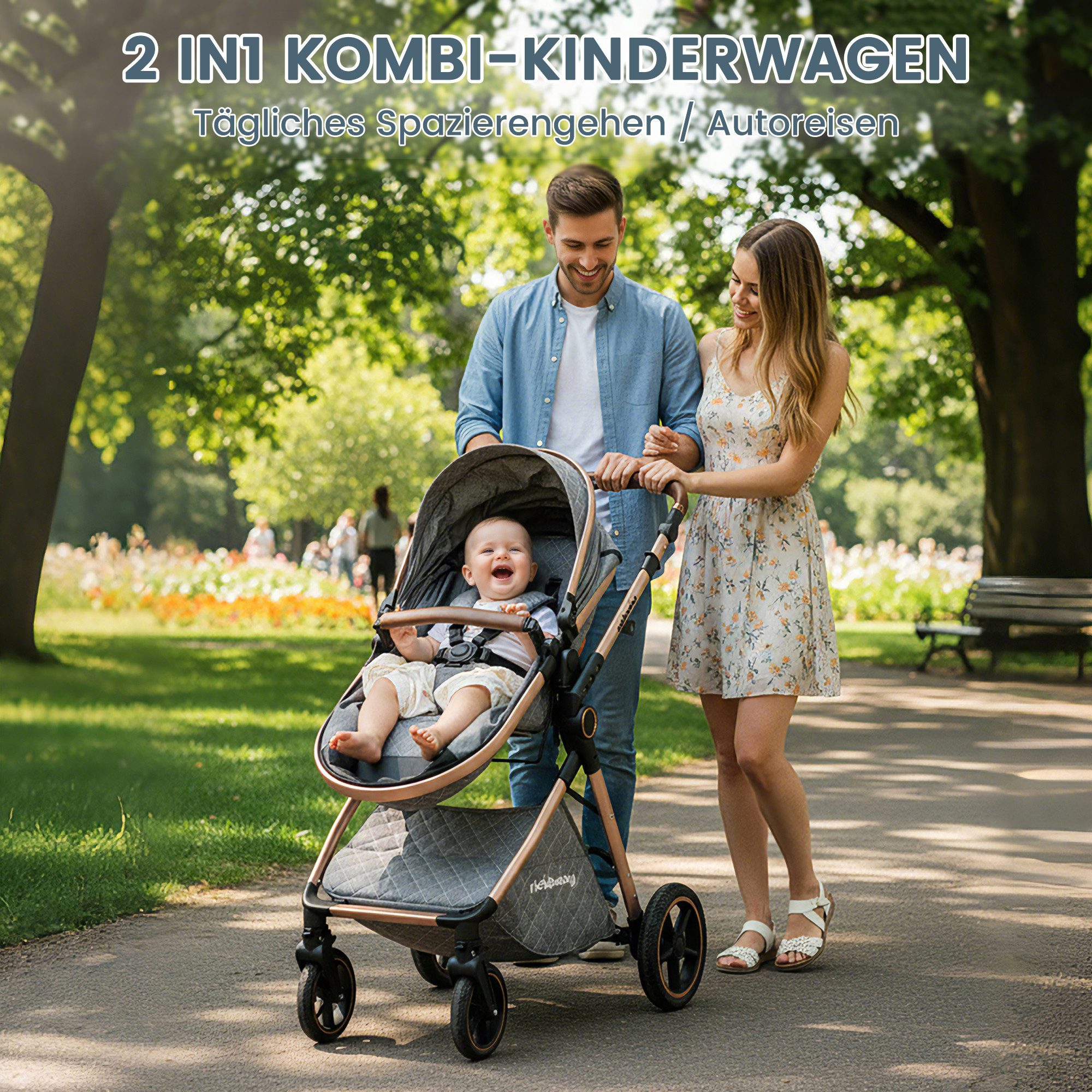 Rich Baby Kombi-Kinderwagen Kombi-Kinderwagen 3-in-1 Set Mit Sportwagen Babywanne & Babyschale, (Verstellbarer Griff + PU-Reifen + Umkehrbarem Liegekorb), Stylischer Buggy Leicht & Kompakt Klappbar Für Stadt & Reise