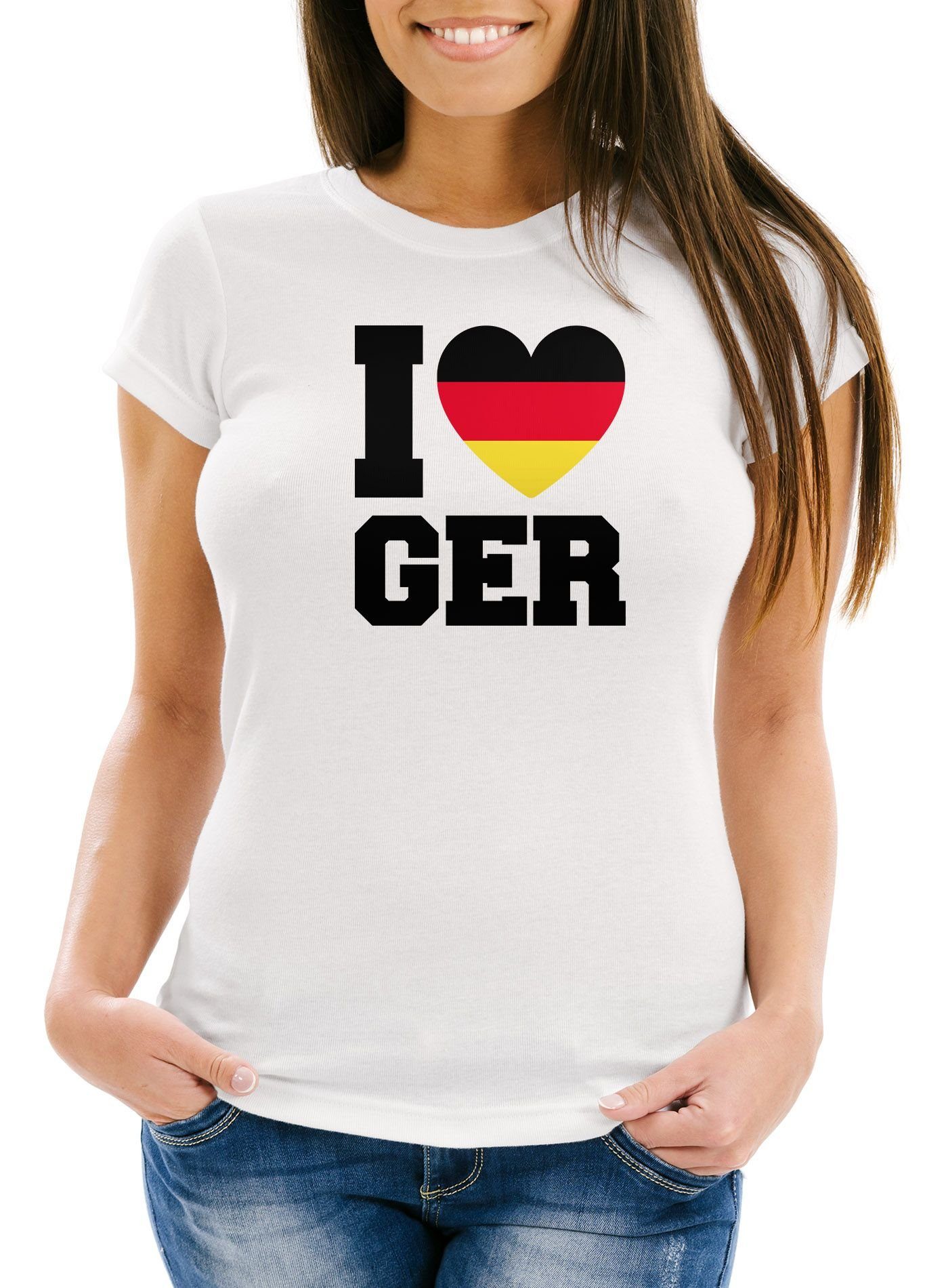 Print-Shirt Damen T-Shirt I Love Germany Deutschland-Herz Fußball WM-Shirt Fanshirt Deutschlandshirt Moonworks®