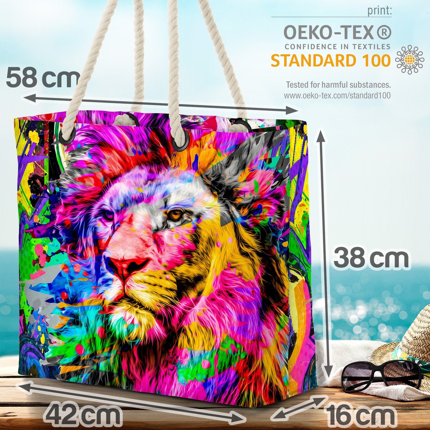VOID Strandtasche (1-tlg), Pop Art Löwe Afrika König Raubtier Löwe Afrika Savanne Jagd Schwarz W