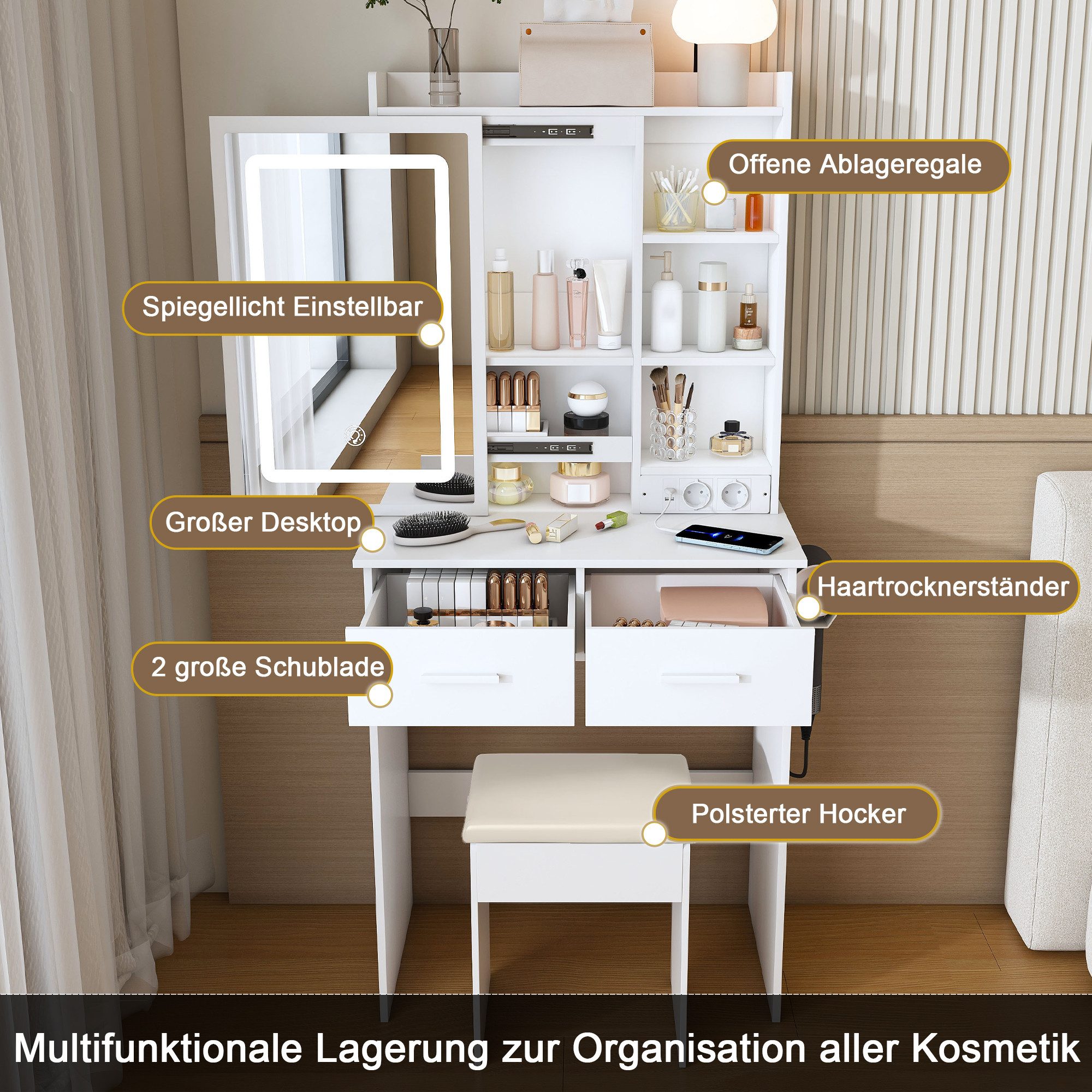 STILVORA Schminktisch mit Spiegel und Hocker Kosmetiktisch mit verstecktem Stauraum Weiß (Eck-Schminktisch mit Schminktisch, Nachttisch und Stuhl, mit transparenten Glasplatte), Einfache Montage