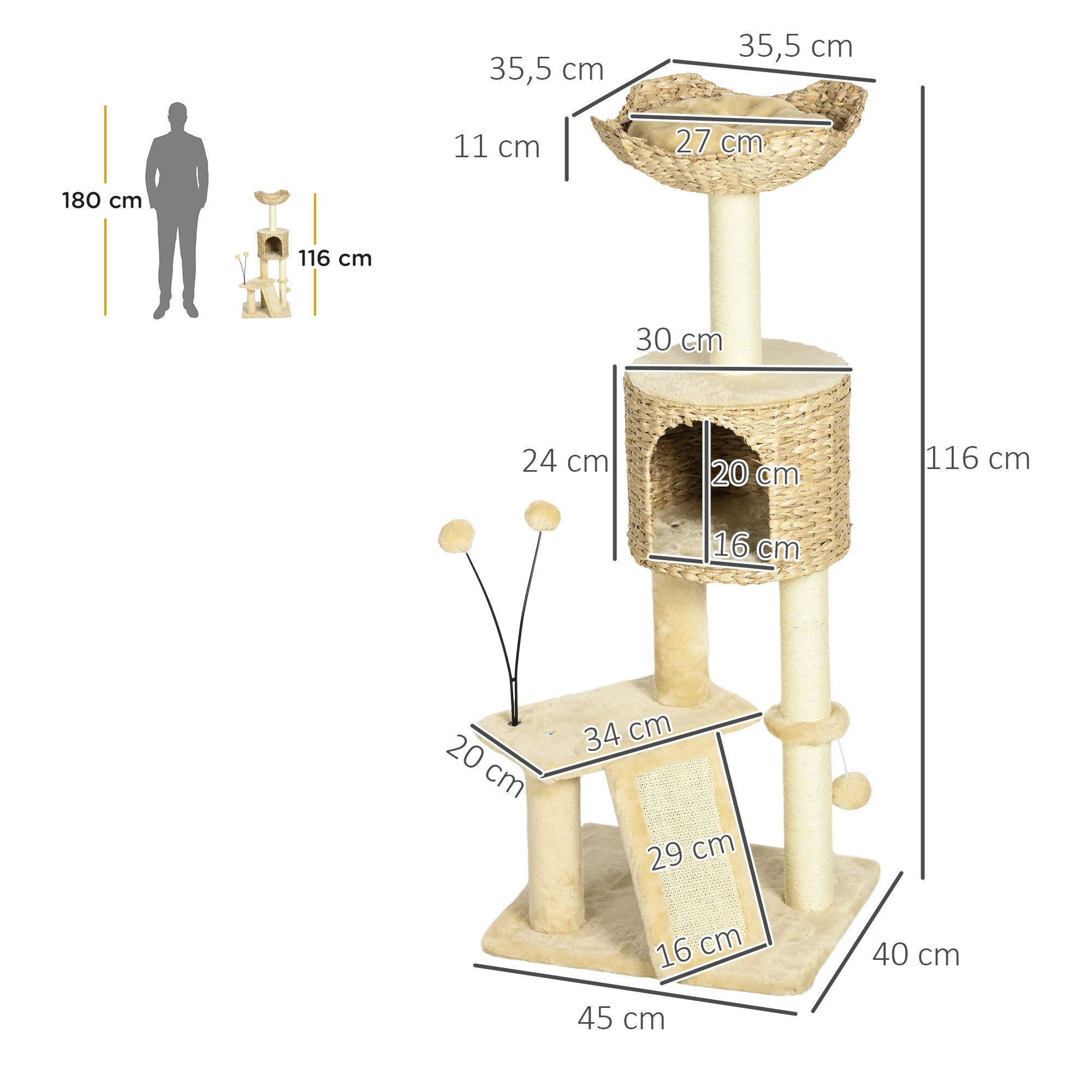 PawHut Kratzbaum Kratzstamm, Katzenkratzbaum mit Katzenbett, einem Ball, für Wohnzimmer, Beige