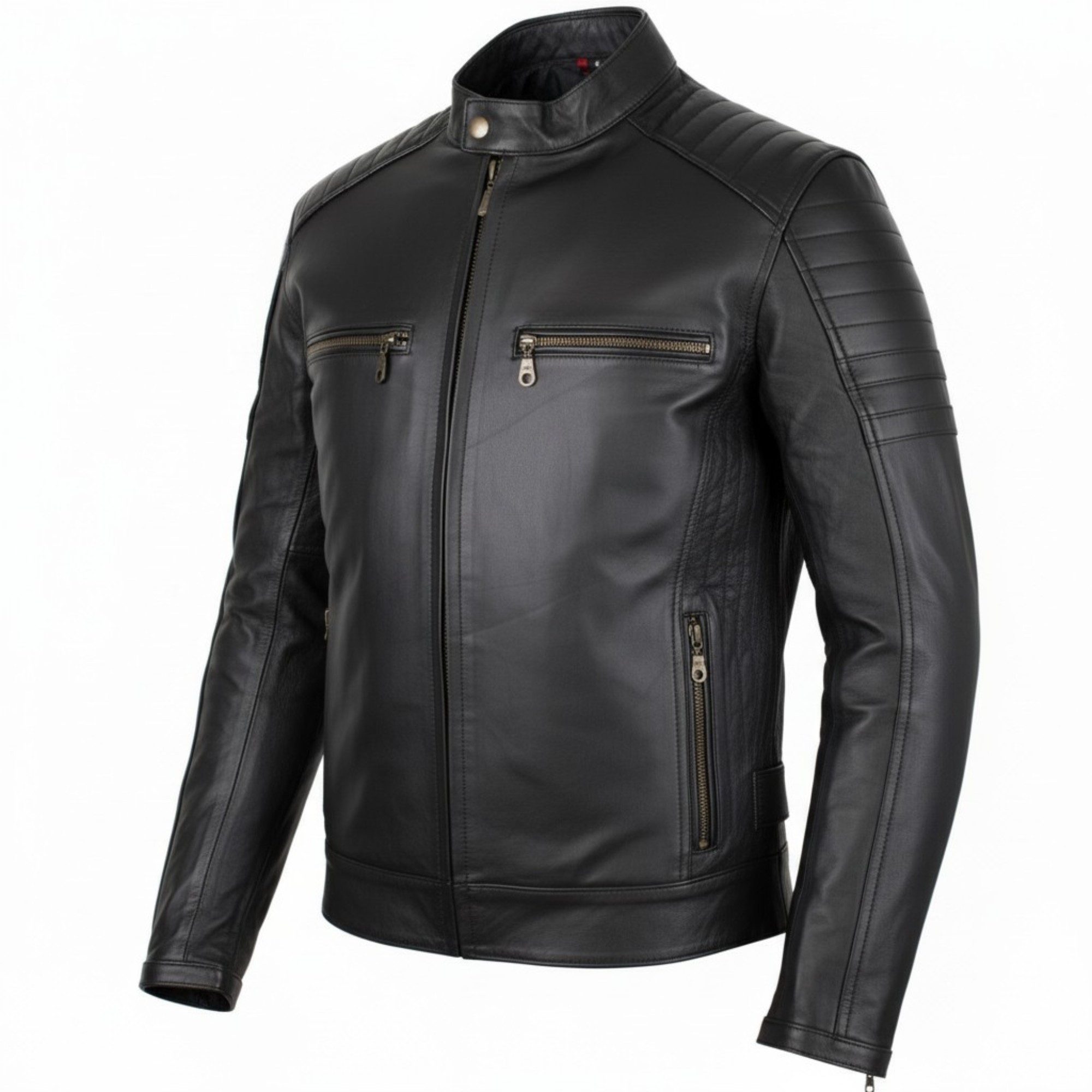 MDM Motorradjacke Herren Motorrad Lederjacke aus echtem Rindsleder mit Protektoren mit Stehkragen, Echtleder Motorradjacke mit Protektoren