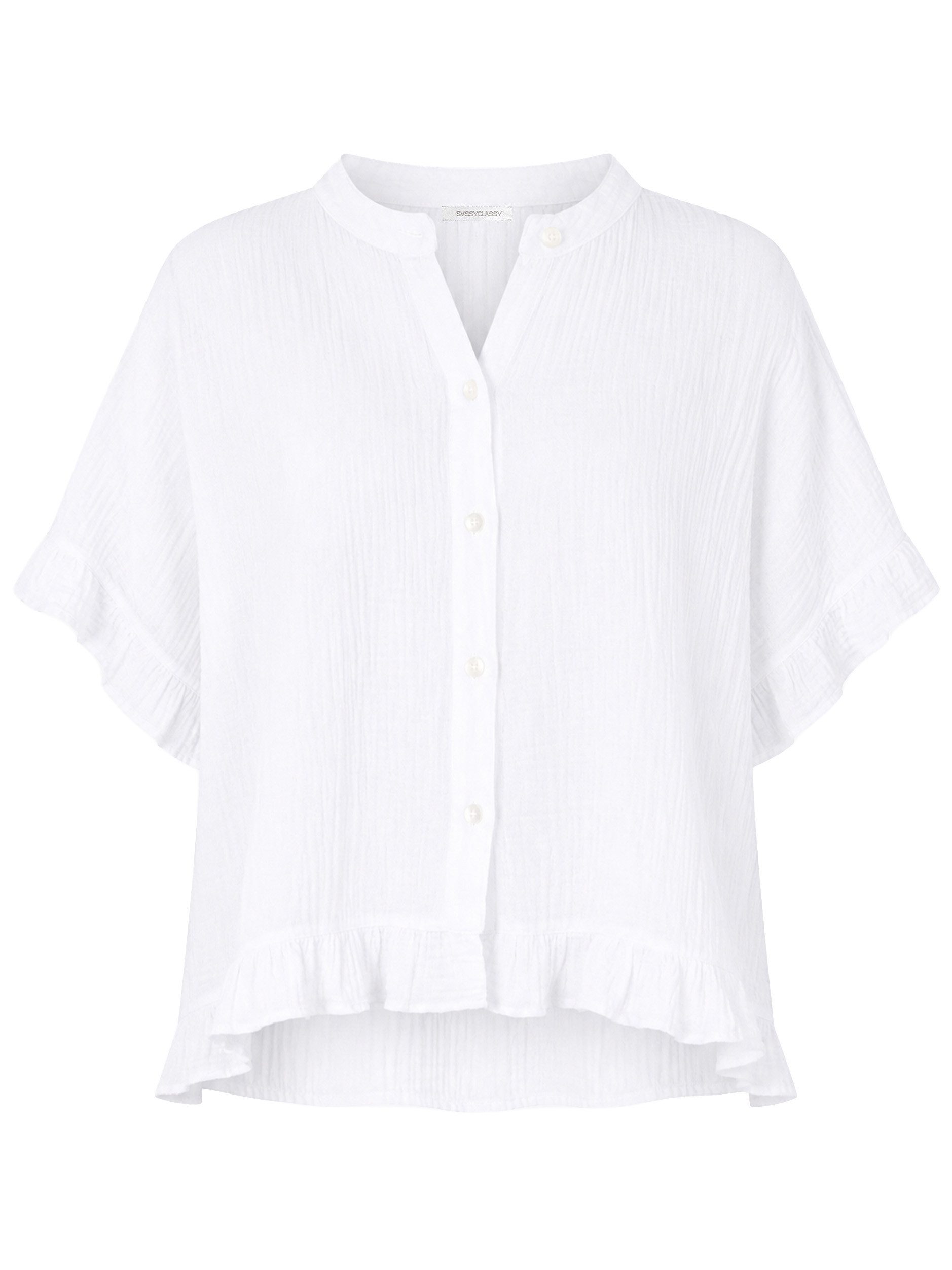 SASSYCLASSY Kurzarmbluse Oversize Musselin Hemdbluse Damen mit Rüschensaum Kurzärmelige Musselinbluse aus Baumwolle mit V-Ausschnitt