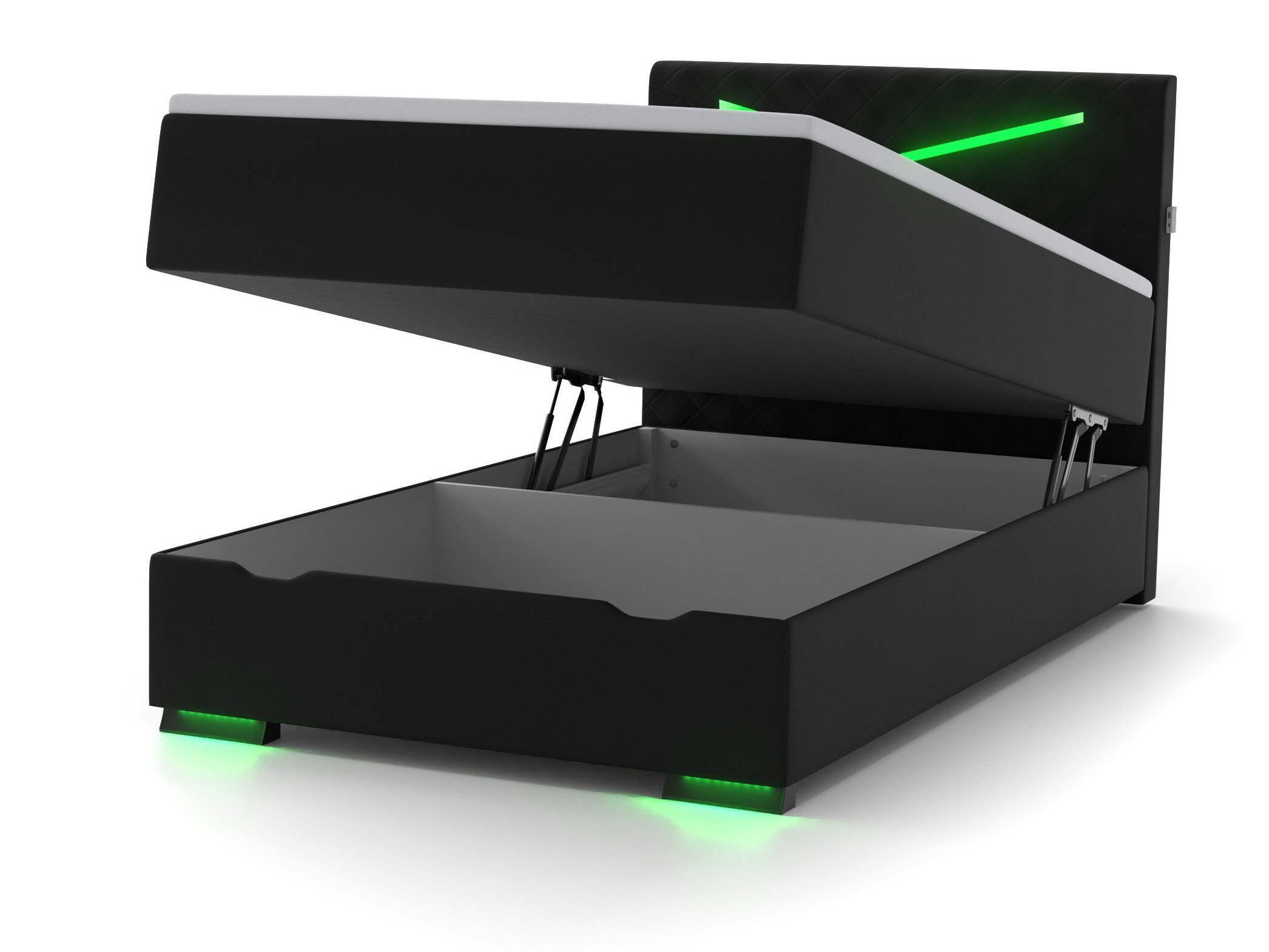 wonello Boxspringbett Dacota, Gamingbett mit LED-Beleuchtung, Bettkasten, USB-Anschluss und Topper