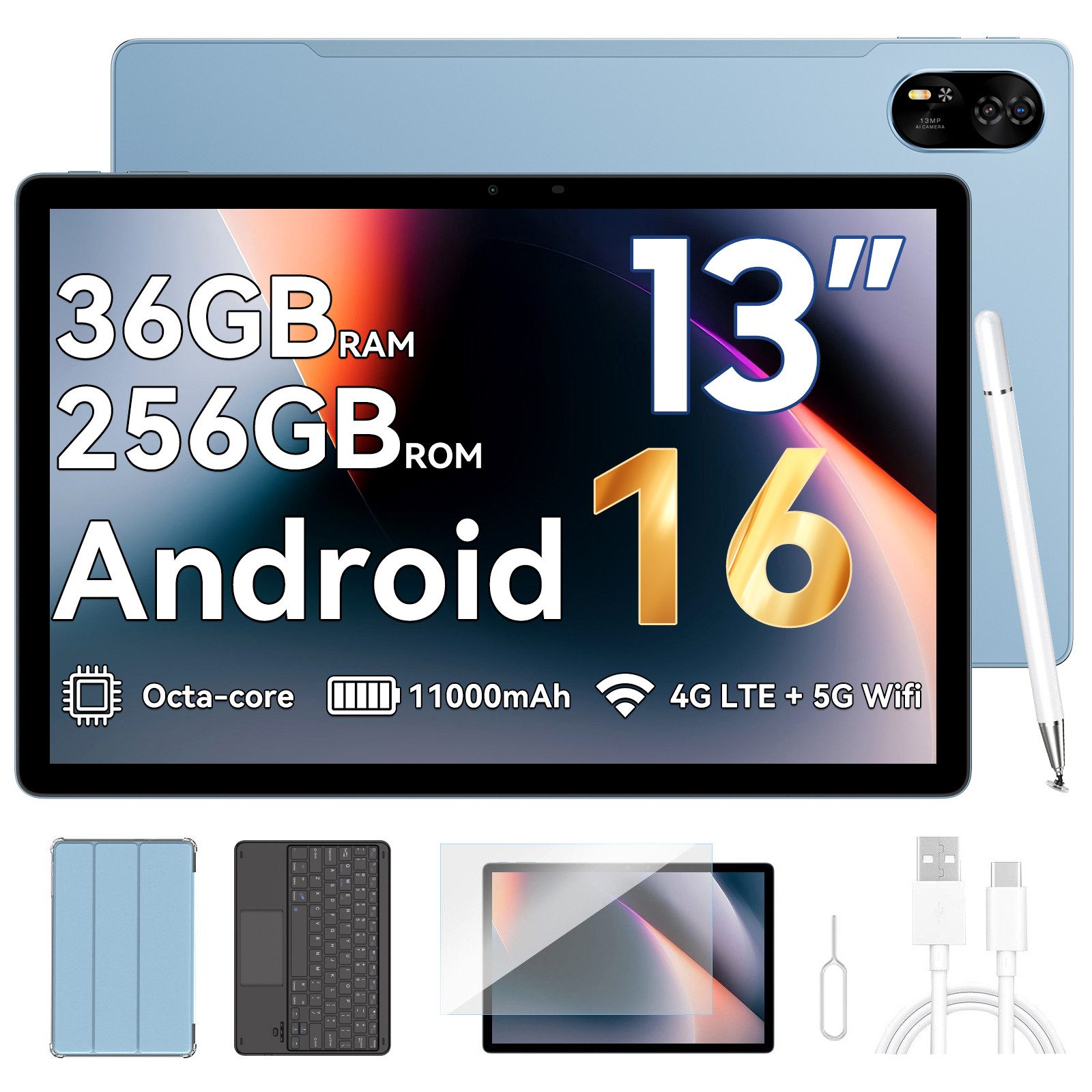 blackview Mega8 13' 4G LTE Android 16 12GB+512GB/256GB incl. Stift/Hülle Tablet (13", 512 GB, 4G(LTE), 13 zoll, Android 15, 50MP, 11000mAh, 4G LTE, T620, 512GB)